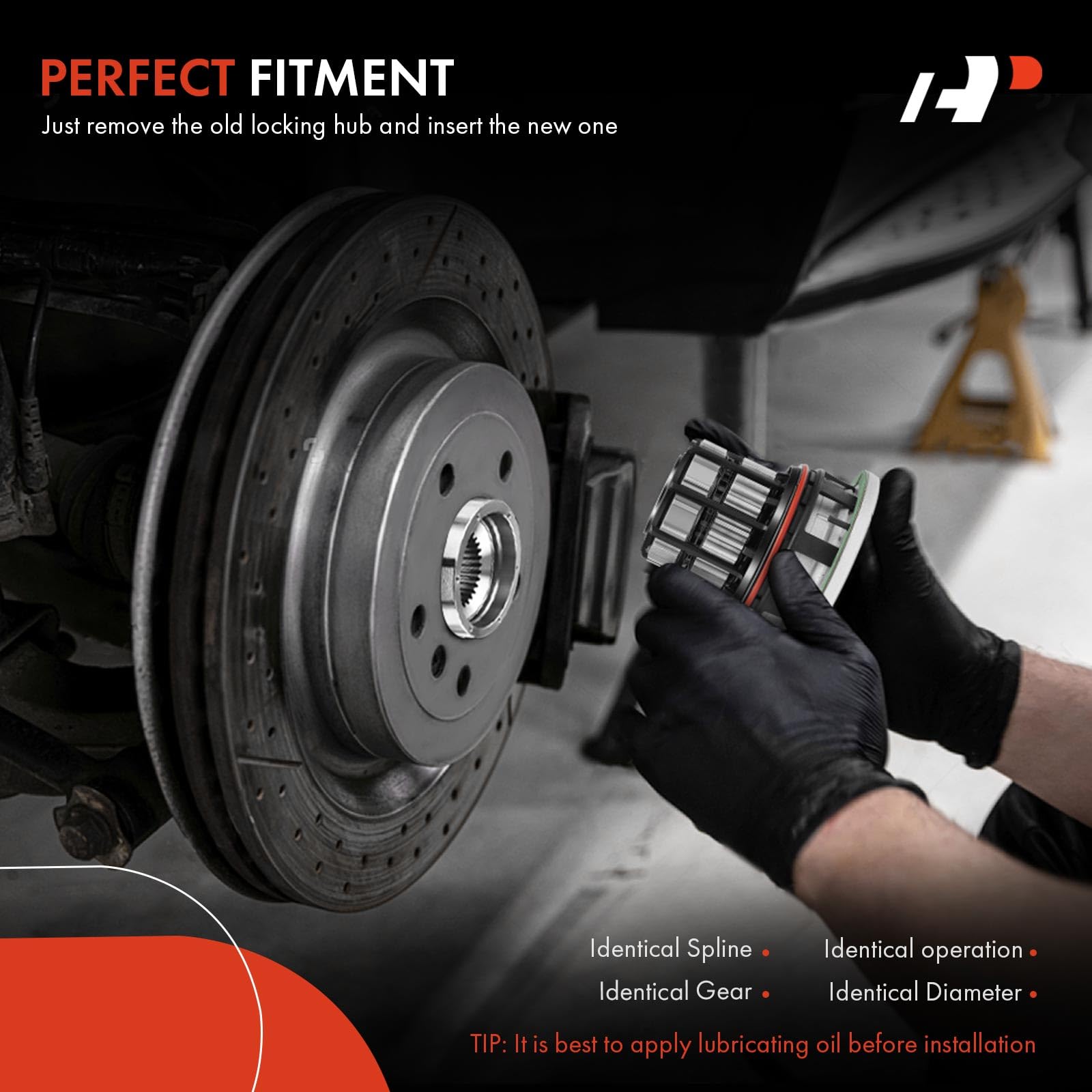 A-Premium hub beside ruler showing 102 mm bolt circle for correct sizing benefit