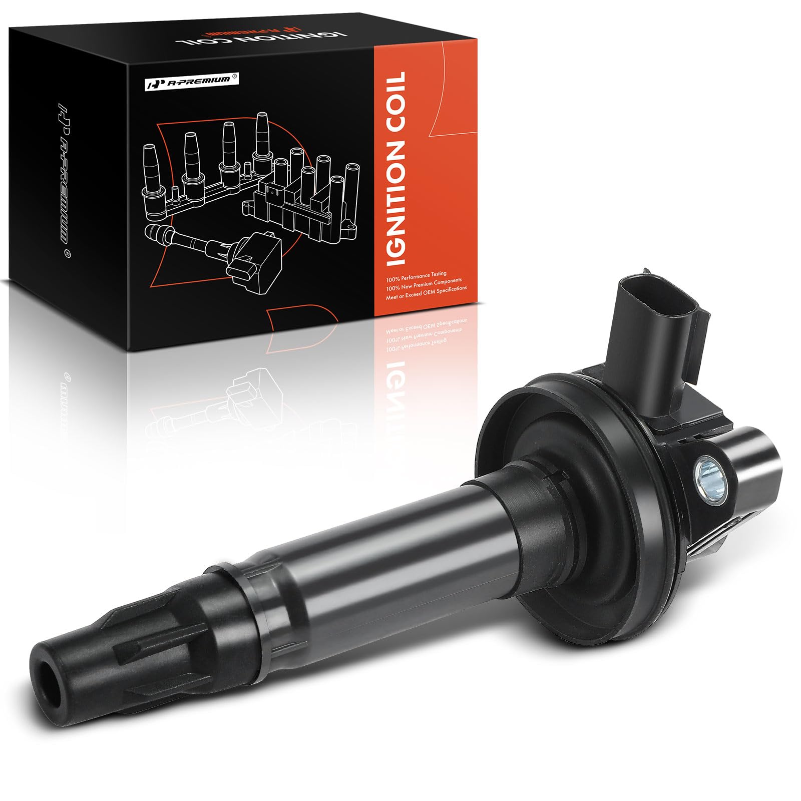 A-Premium ignition coil front view showing compact direct-fit design and reliability