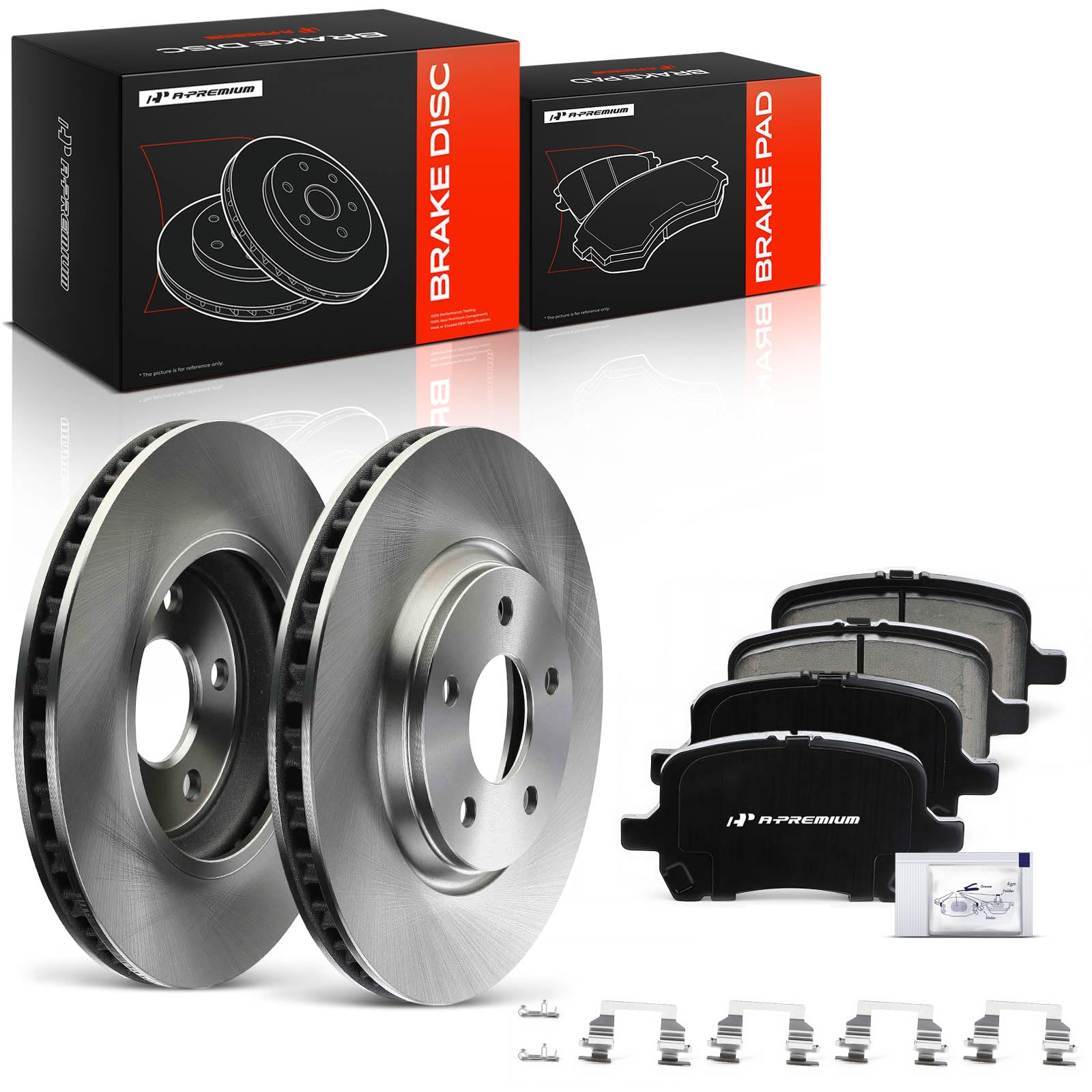 A-Premium components staged on workbench during DIY brake replacement