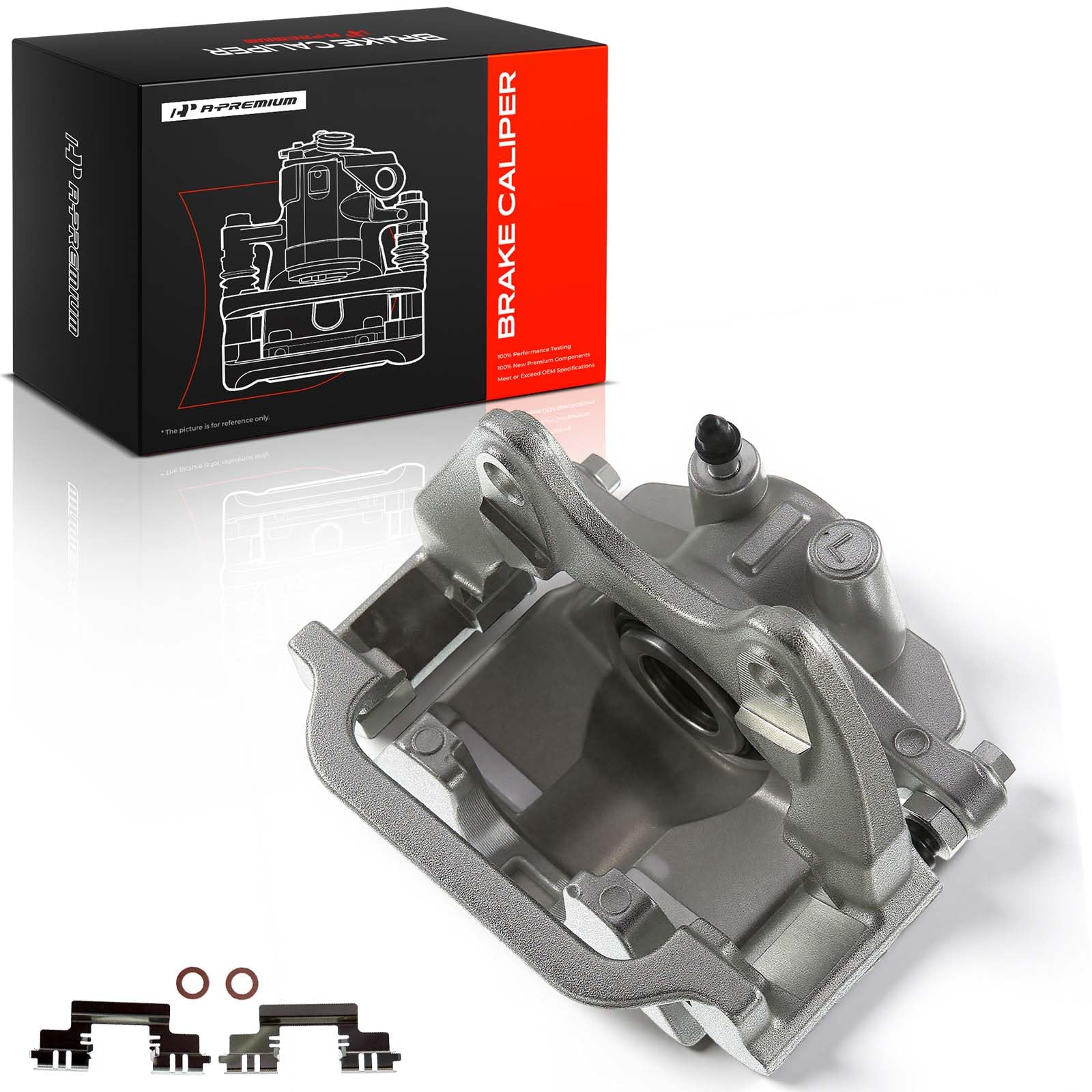 A-Premium front view of rear left caliper showing mounting points and fitment benefit