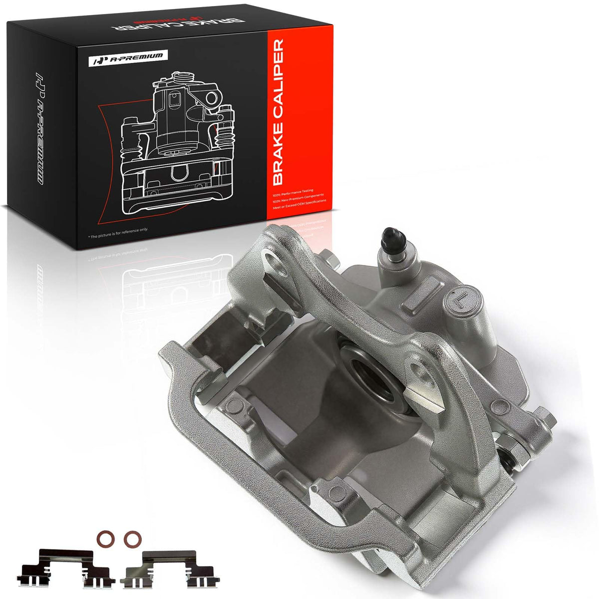 A-Premium front view of rear left caliper showing mounting points and fitment benefit