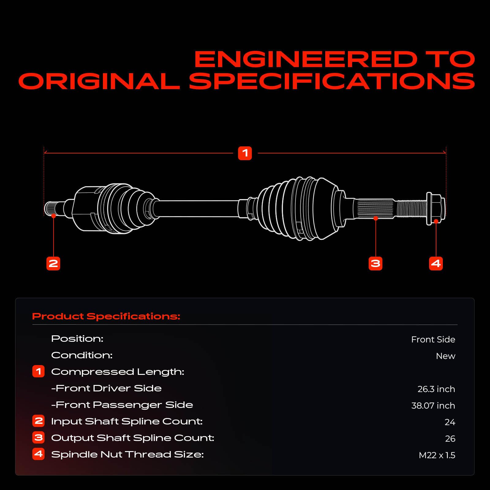A-Premium right front axle close-up highlighting matching specifications and durability