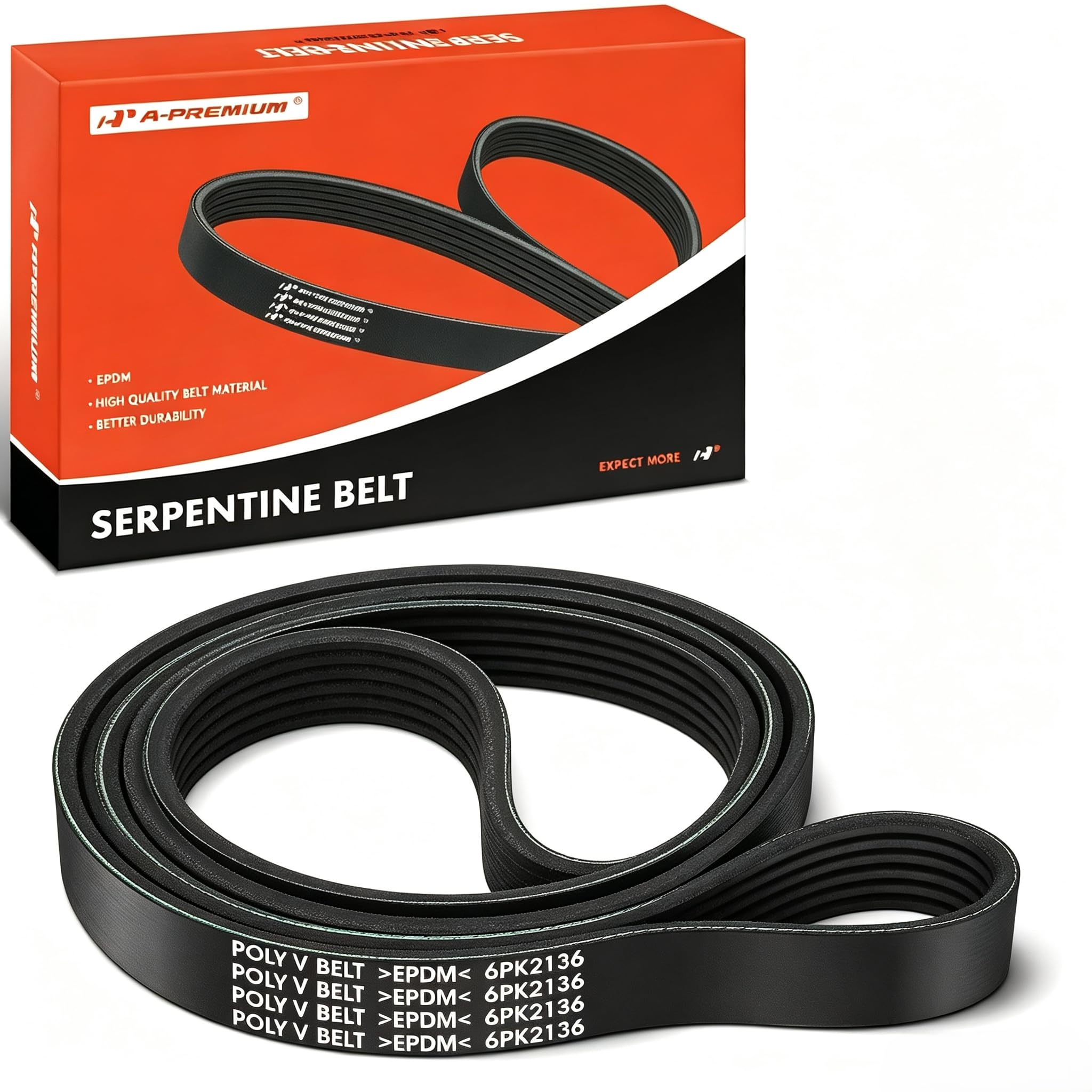 A-Premium serpentine belt front view showing packaging and ready-to-install fit