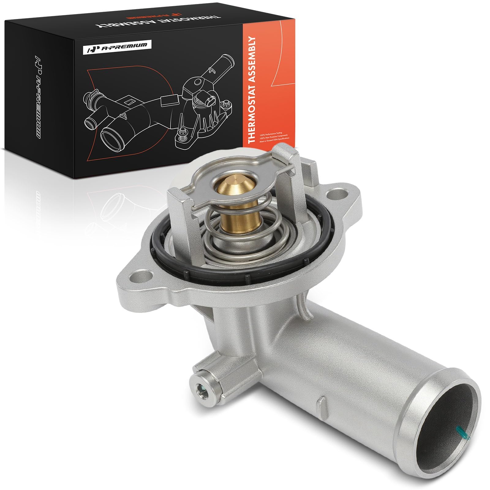 A-Premium front view of thermostat housing showing bolt pattern and fitment benefit