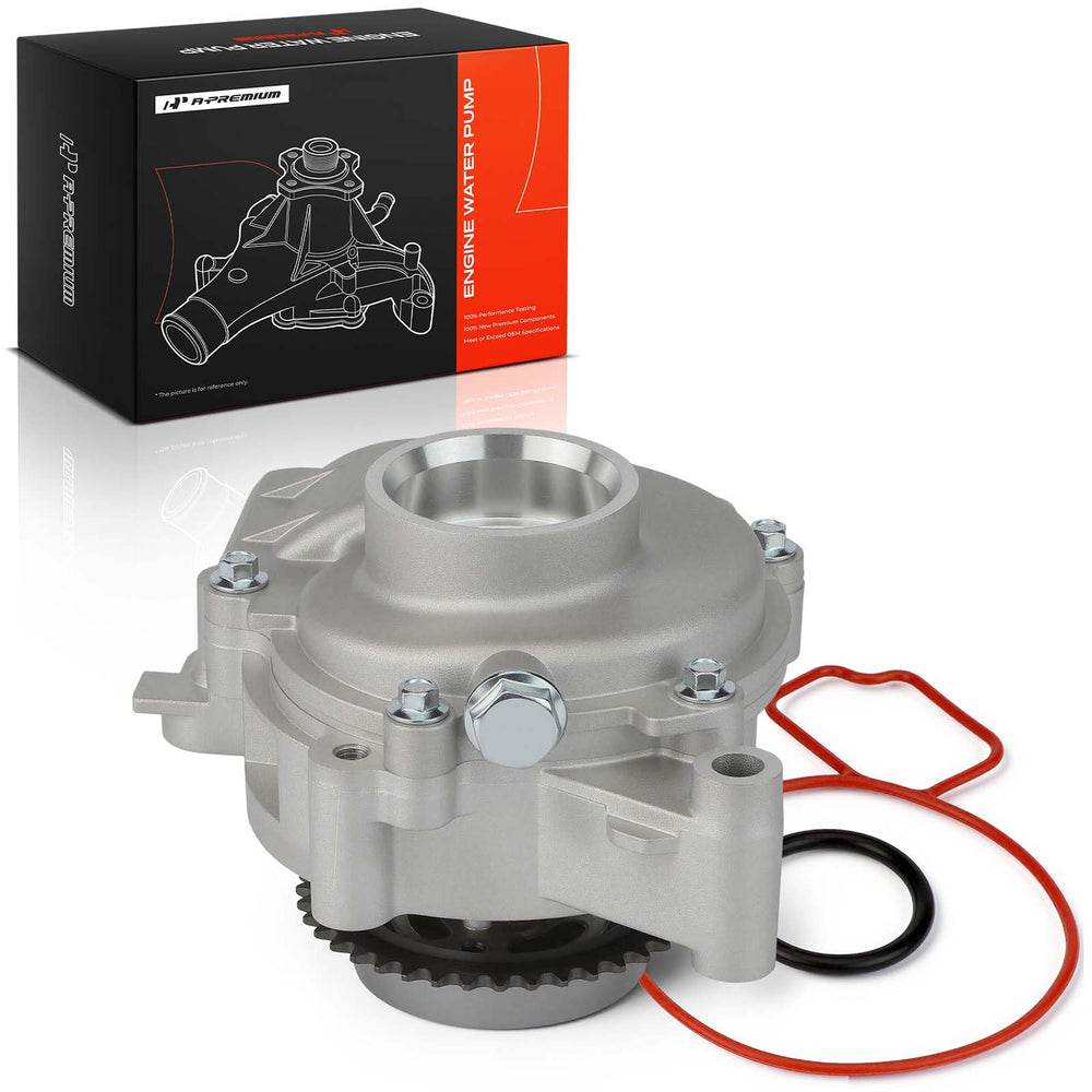 A-Premium water pump front assembly showing mounting points and outlet for accurate fit