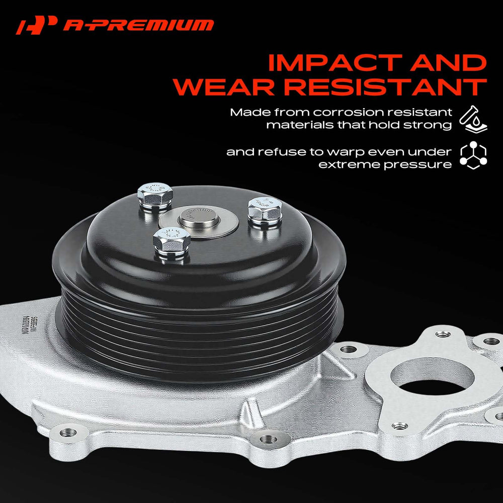 A-Premium water pump mounting flange clearly showing OEM bolt pattern benefit