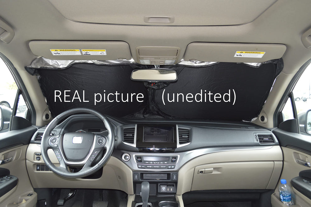 A1 Shades side-by-side size comparison in compact car and truck, illustrates versatile fit benefit