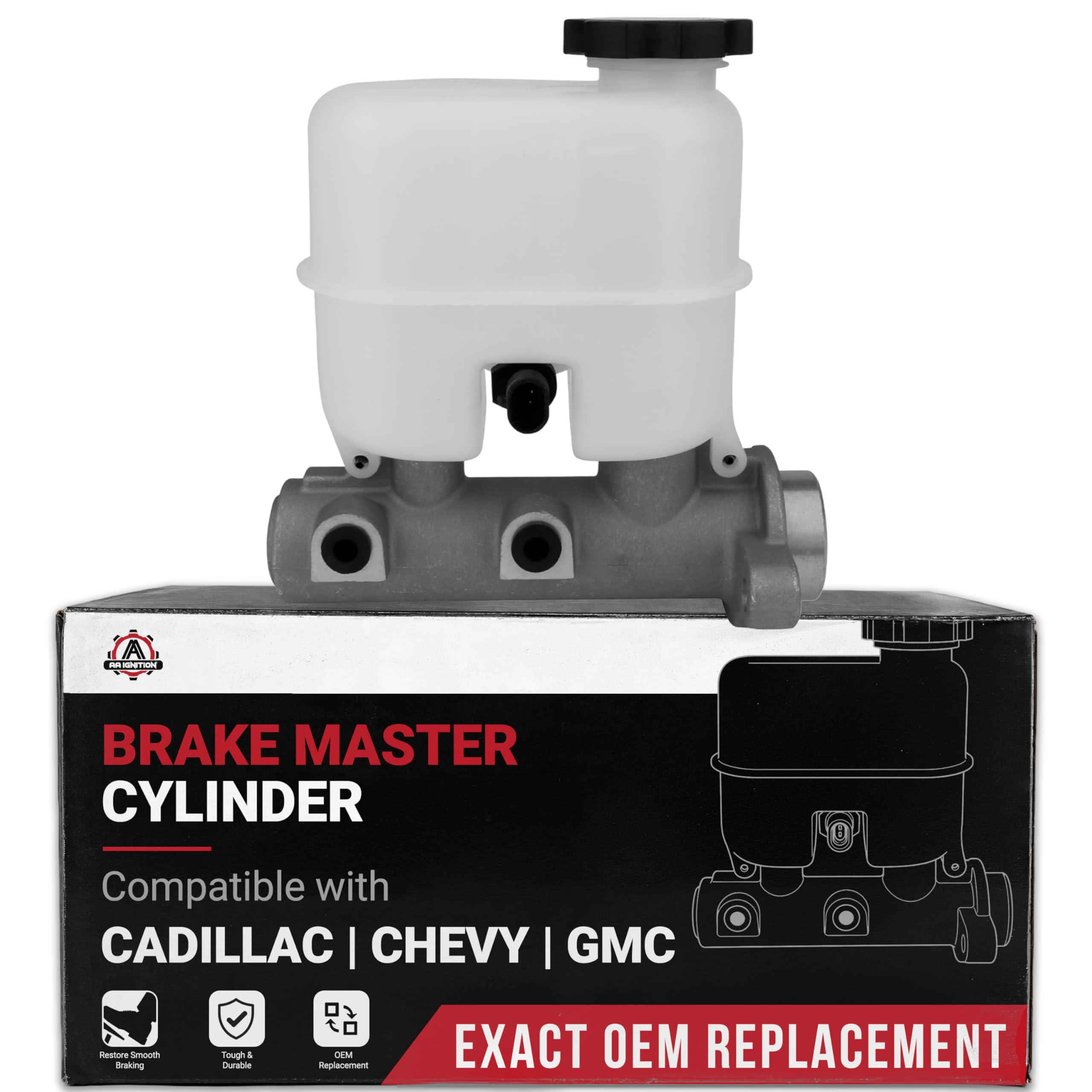 AA Ignition front view of master cylinder showing mounting points and direct-fit design benefit