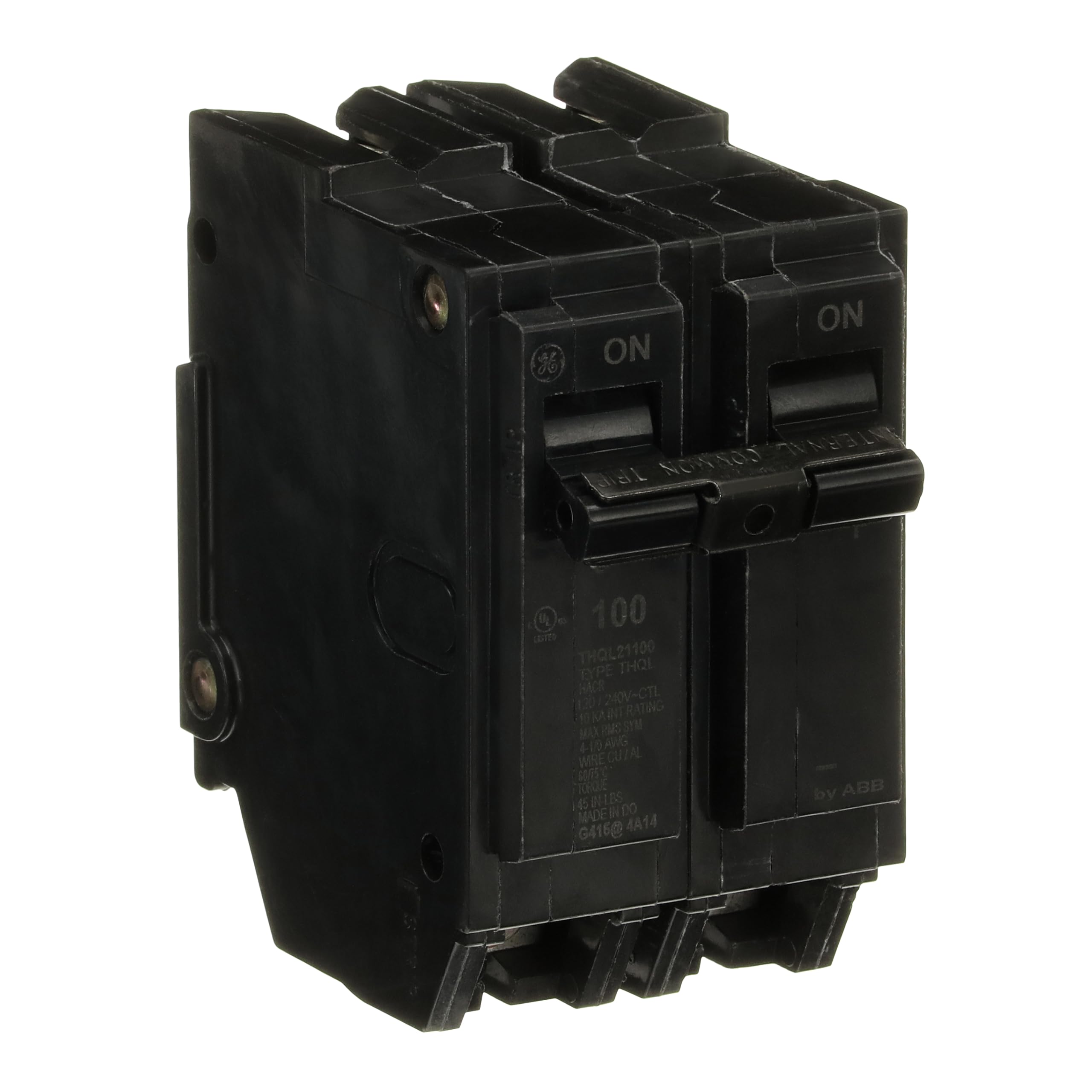 ABB THQL21100P terminal connection close-up showing solid lug contact for secure wiring