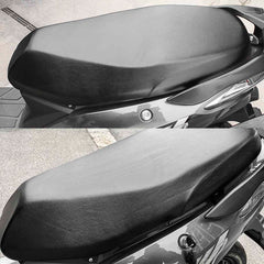 Abizarch seat cover on scooter in rain, keeps seat dry