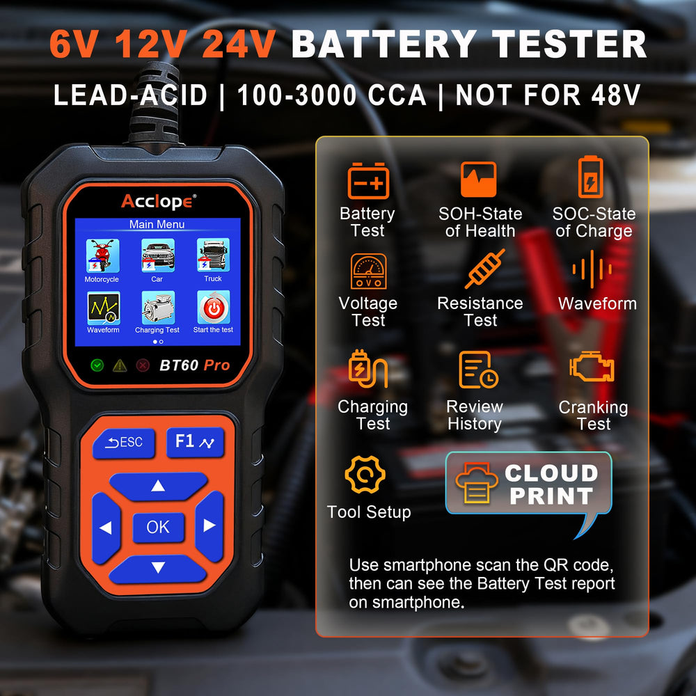 Acclope BT60 PRO hooked to a 24V truck battery providing reliable diagnostics