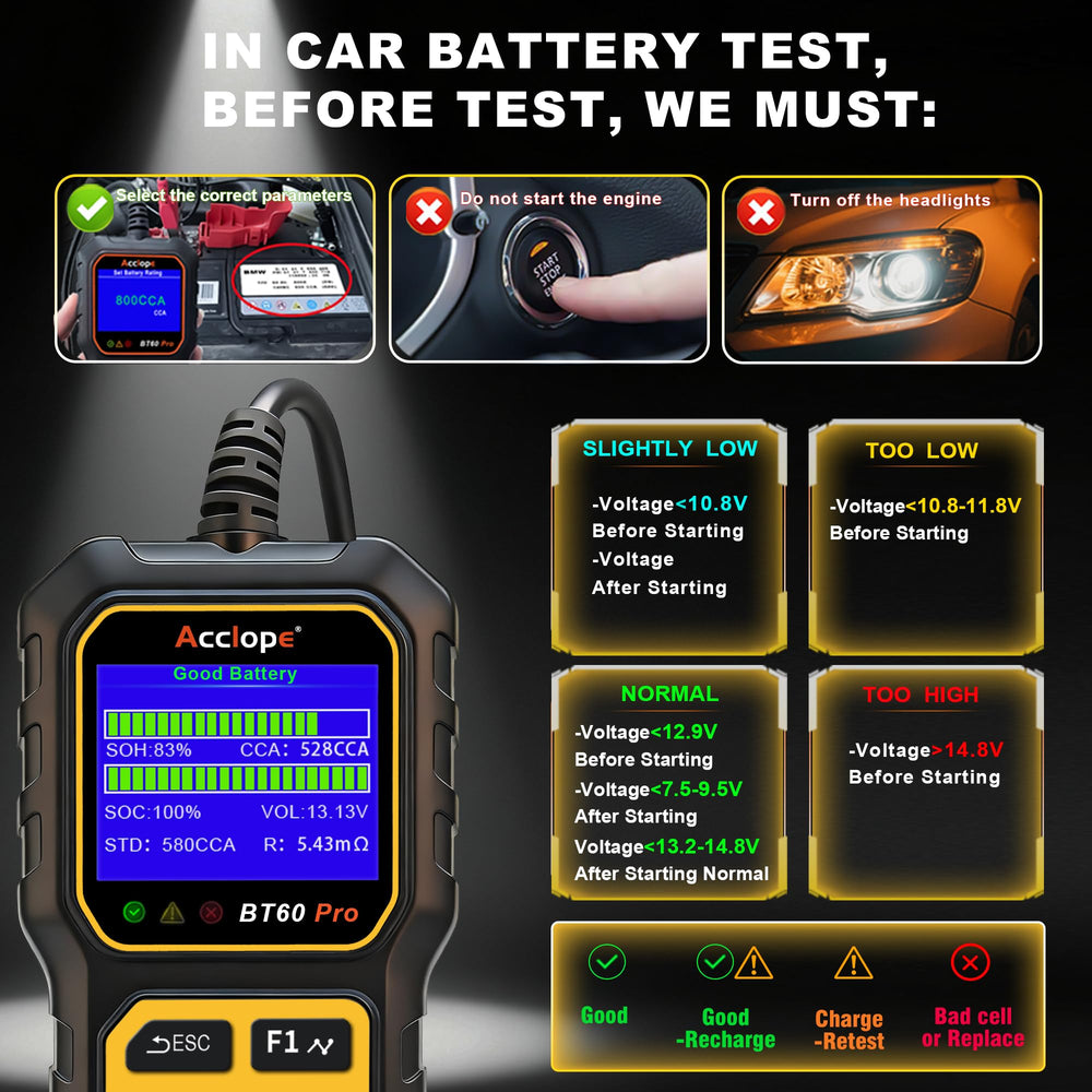 Acclope BT60 PRO testing a 24V truck battery illustrating heavy-duty capability