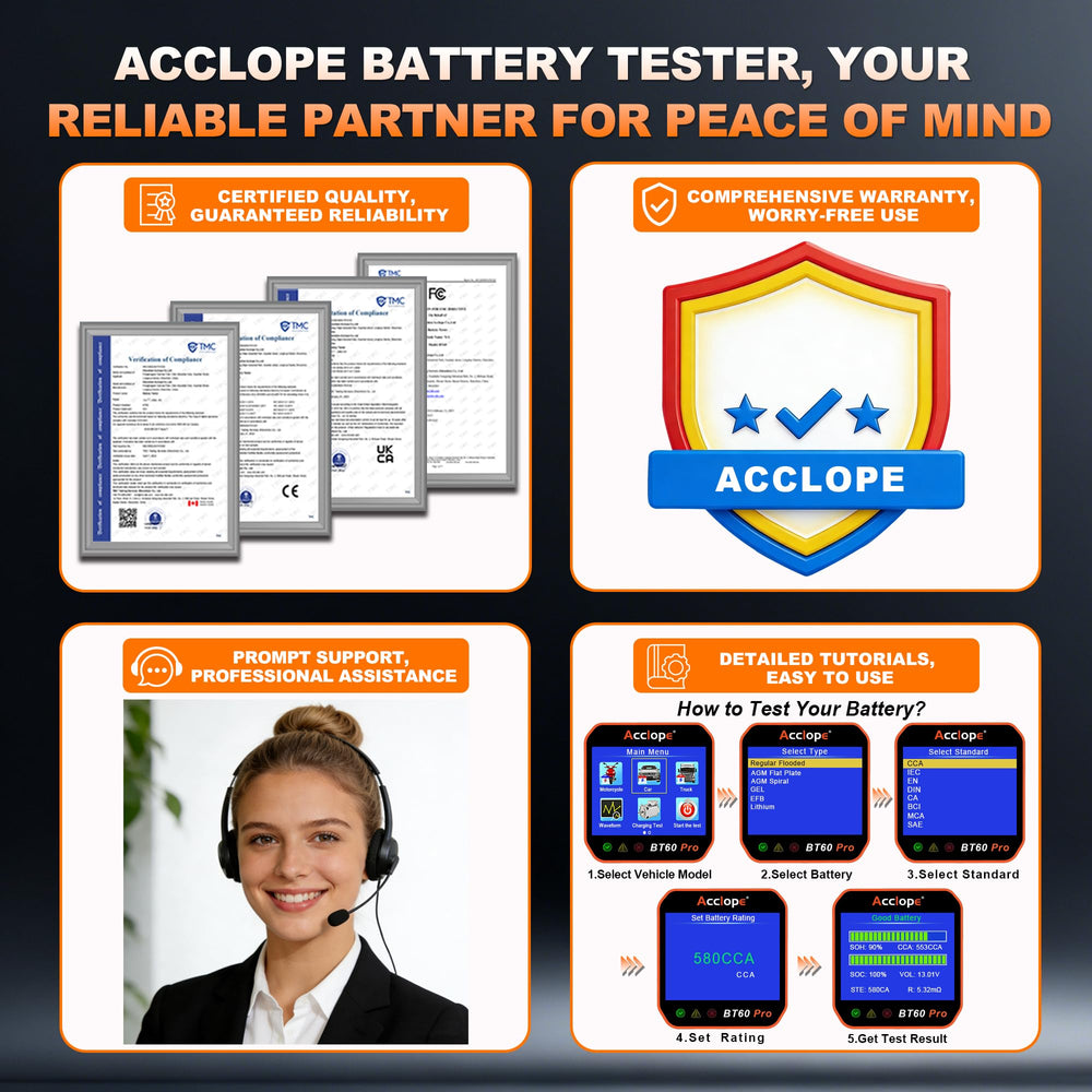 Acclope BT60 PRO 6V motorcycle mode selected for accurate small battery checks