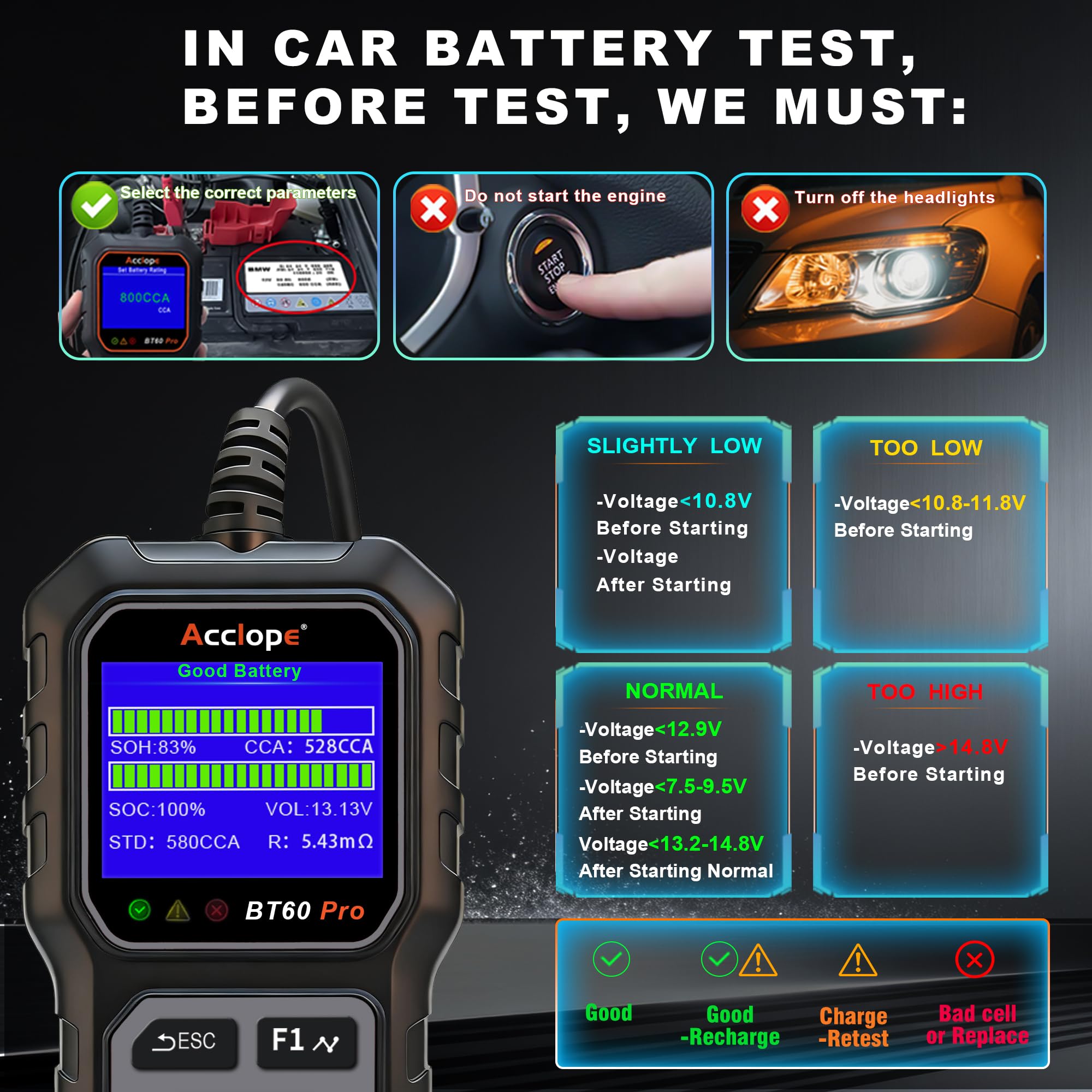 Acclope BT60 PRO testing a starter lithium battery verifying compatibility