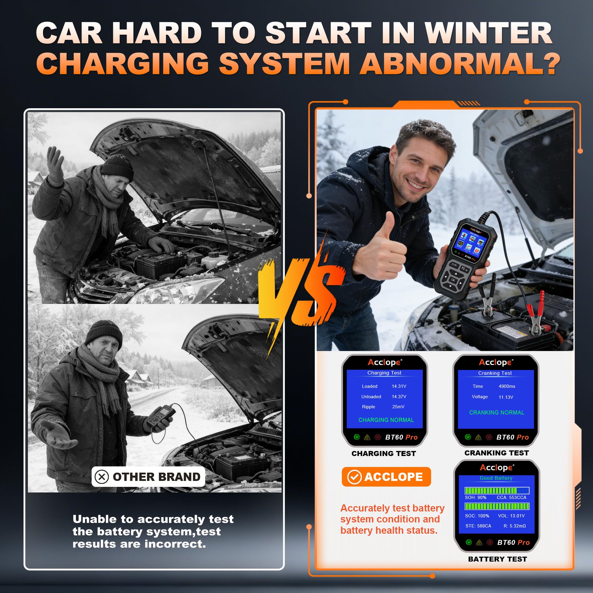 Acclope BT60 PRO waveform display capturing cranking trace for diagnostics
