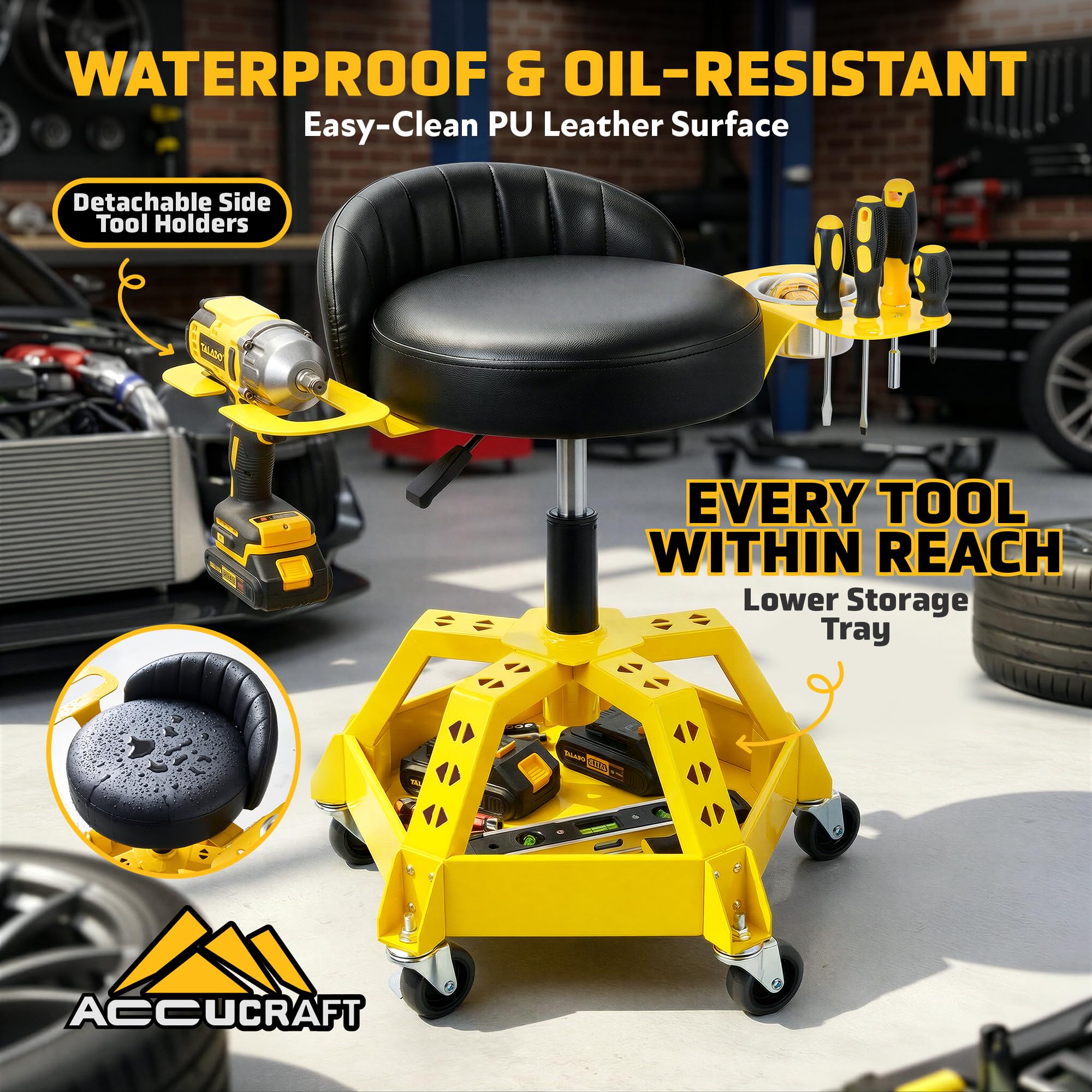 ACCUCRAFT five‑prong base and casters for smooth rolling and anti‑tip stability