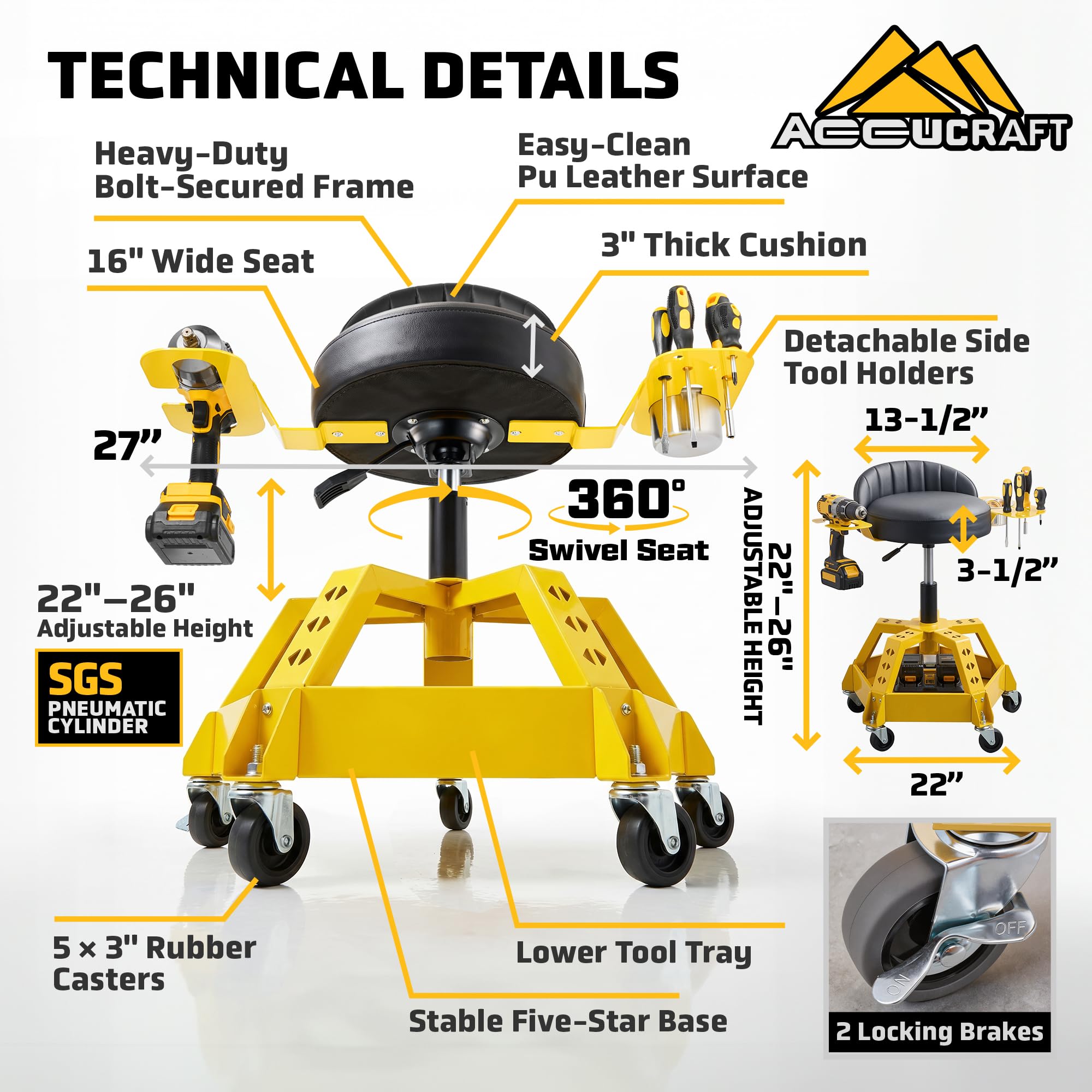 ACCUCRAFT pneumatic height lever demonstrating 22–26" adjustment for task versatility