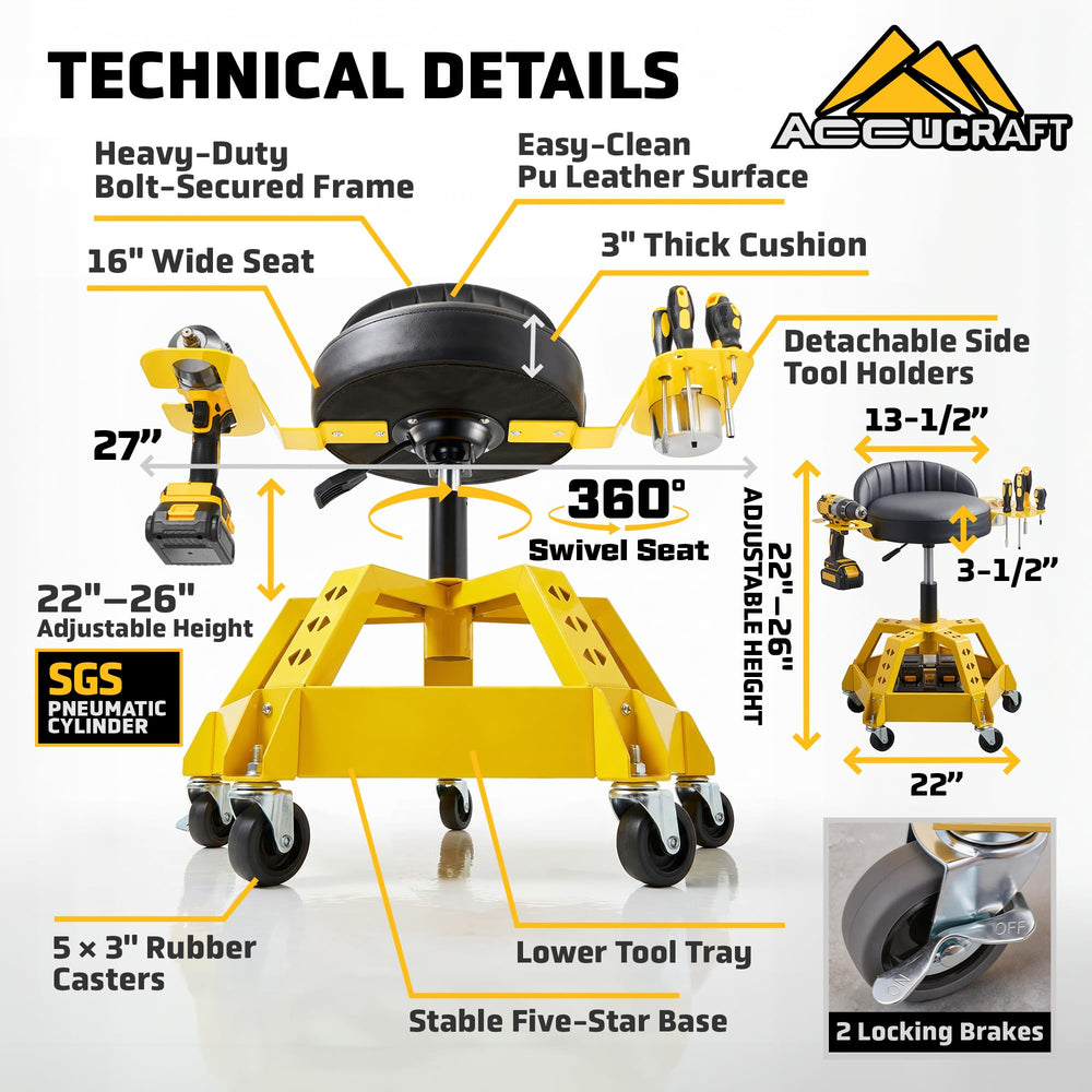 ACCUCRAFT pneumatic height lever demonstrating 22–26" adjustment for task versatility