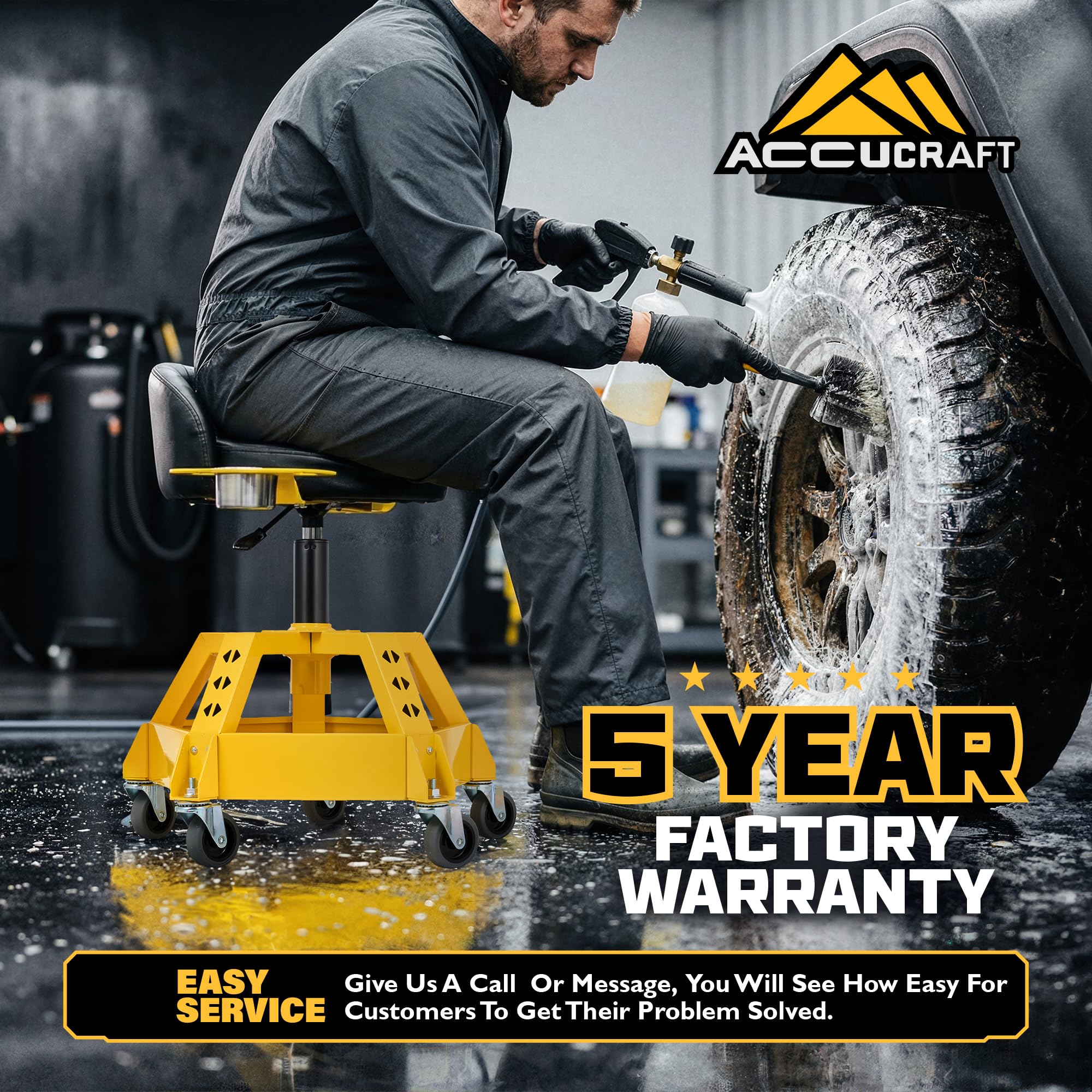 ACCUCRAFT stool in a garage beside workbench illustrating mobility and practical use