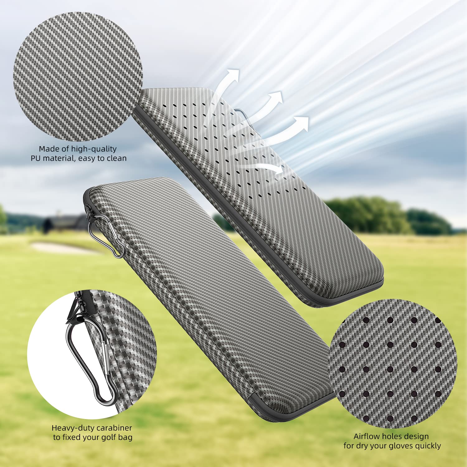 ACCTOLF next to glove demonstrating compact size and practical scale