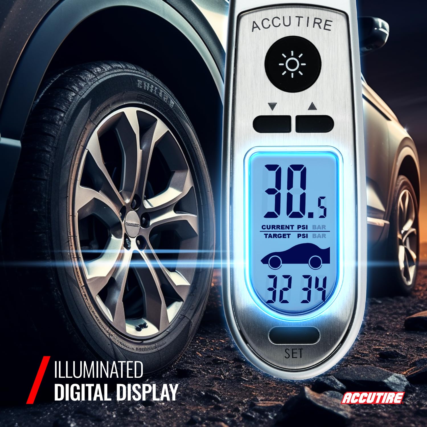Accutire MS-4350B in use on car tire providing quick pressure checks