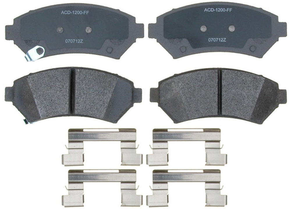 ACDelco front brake pad set packaging showing product and fit benefits