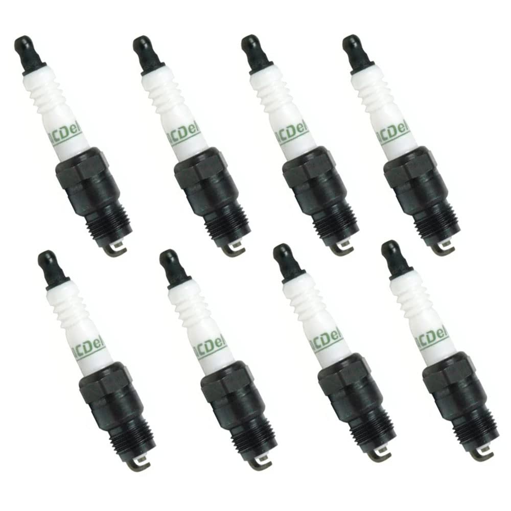 ACDelco R45 spark plugs front packaging showing eight plugs and model identification for reliable replacement