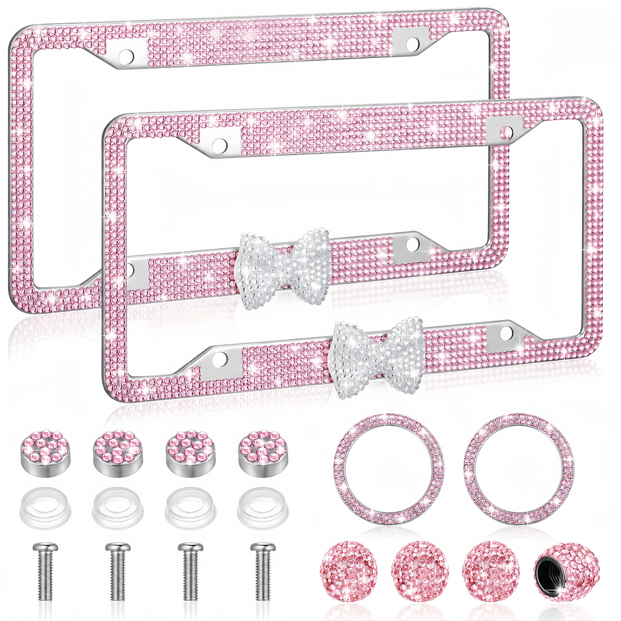 AceOrbit front license plate frame showing glam bow and protection benefits