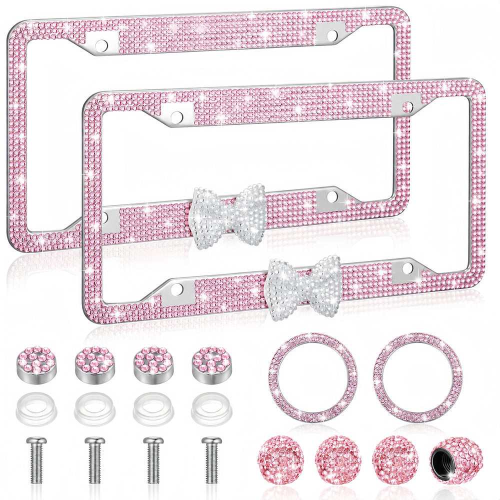 AceOrbit front license plate frame showing glam bow and protection benefits