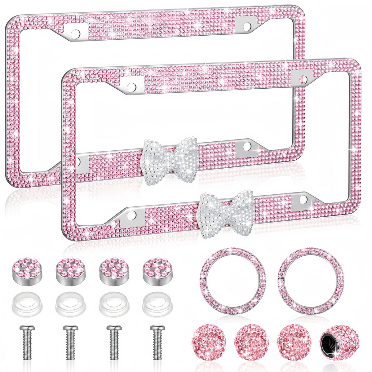 AceOrbit front license plate frame showing glam bow and protection benefits