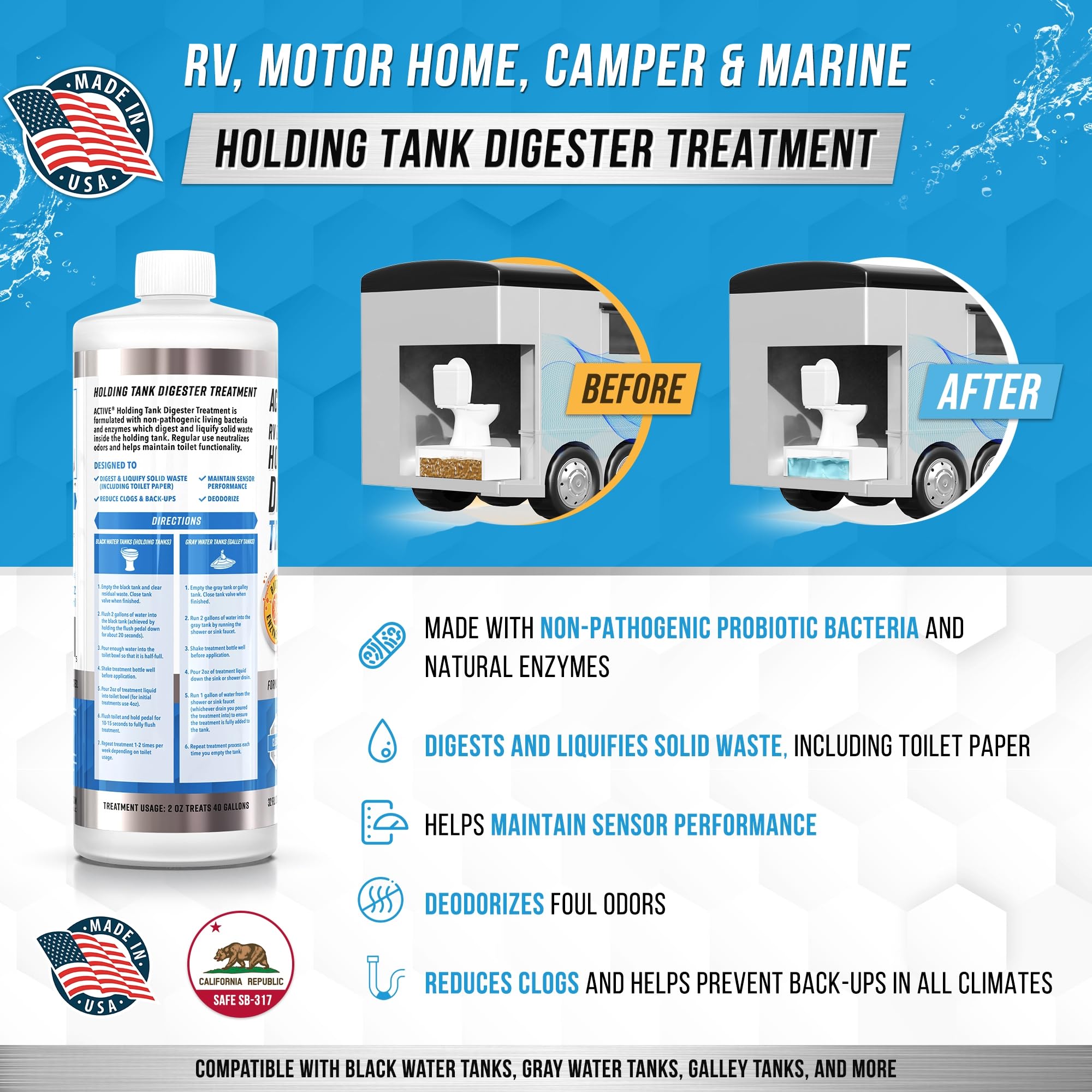 ACTIVE bottle pouring a 2oz dose into toilet, easy measured dosing benefit