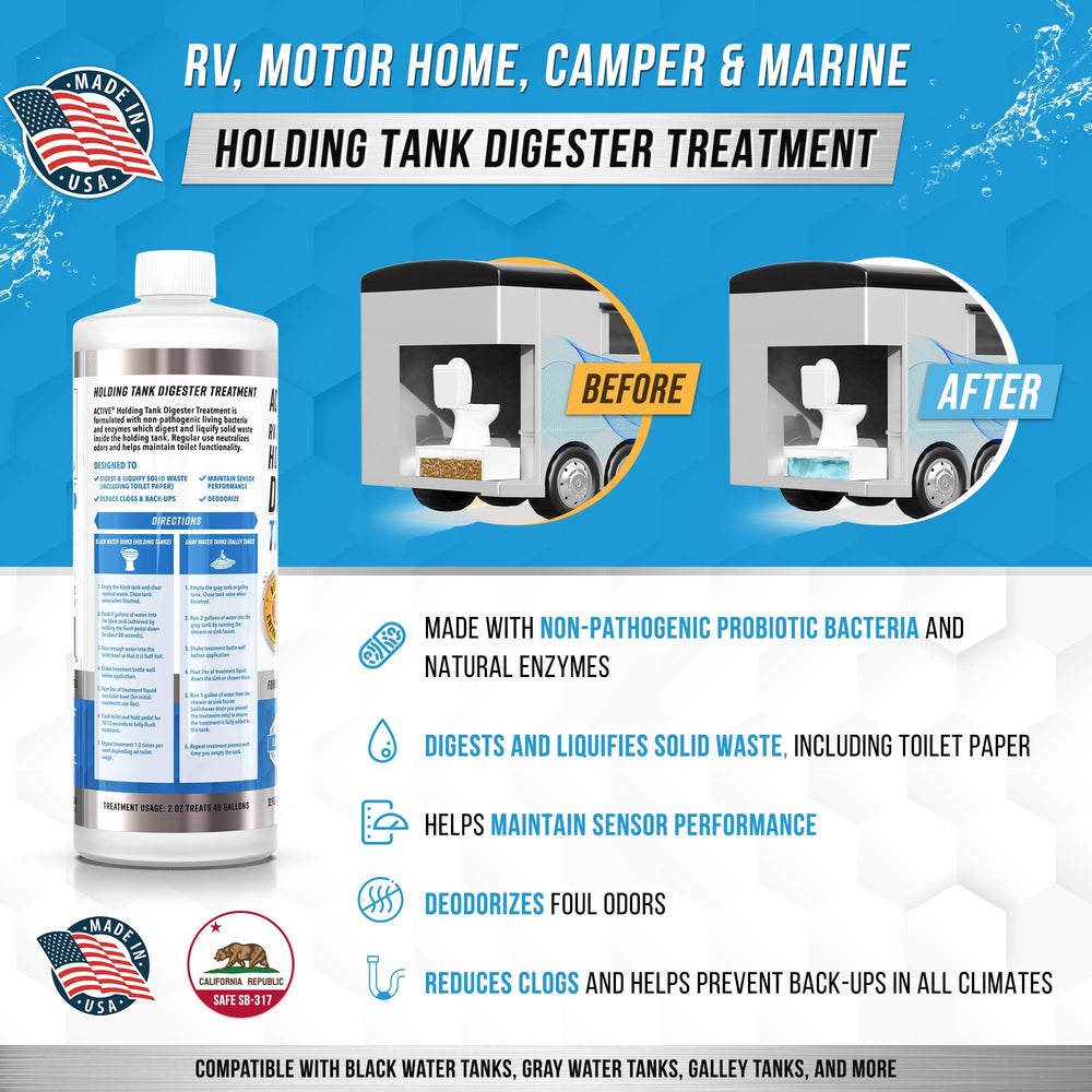 ACTIVE bottle pouring a 2oz dose into toilet, easy measured dosing benefit