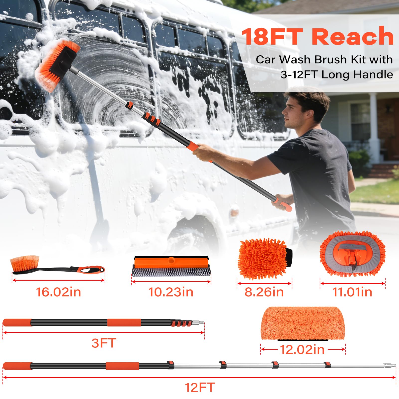 ACTREY kit in use cleaning an SUV roof from ground showing ladder-free reach