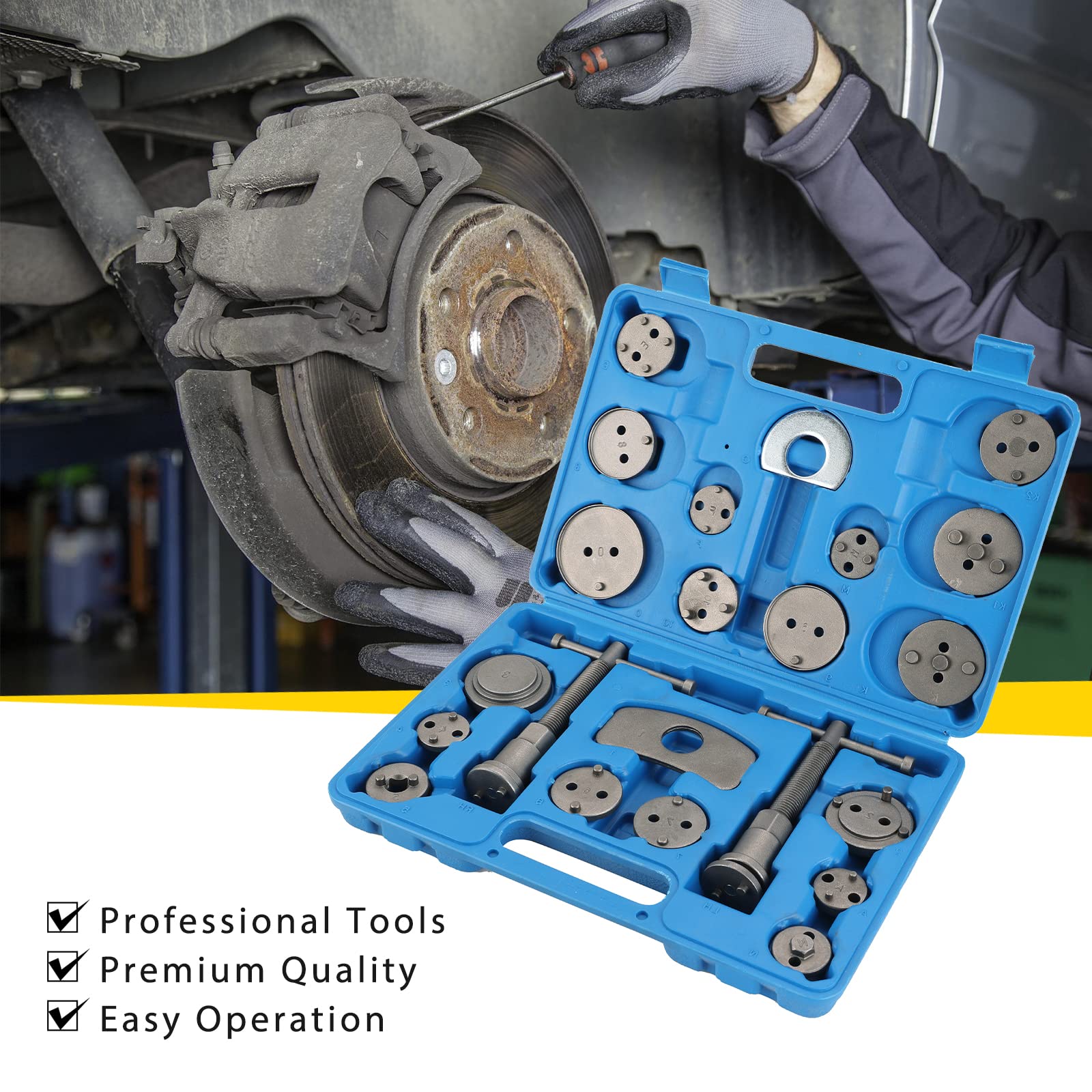 Acymner tool in use compressing caliper piston for quicker brake pad changes