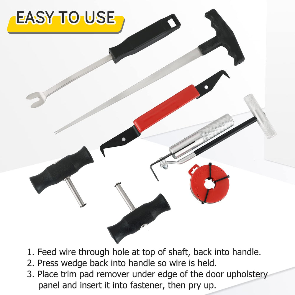 Acymner panel removal tool in use prying trim safely without damaging upholstery