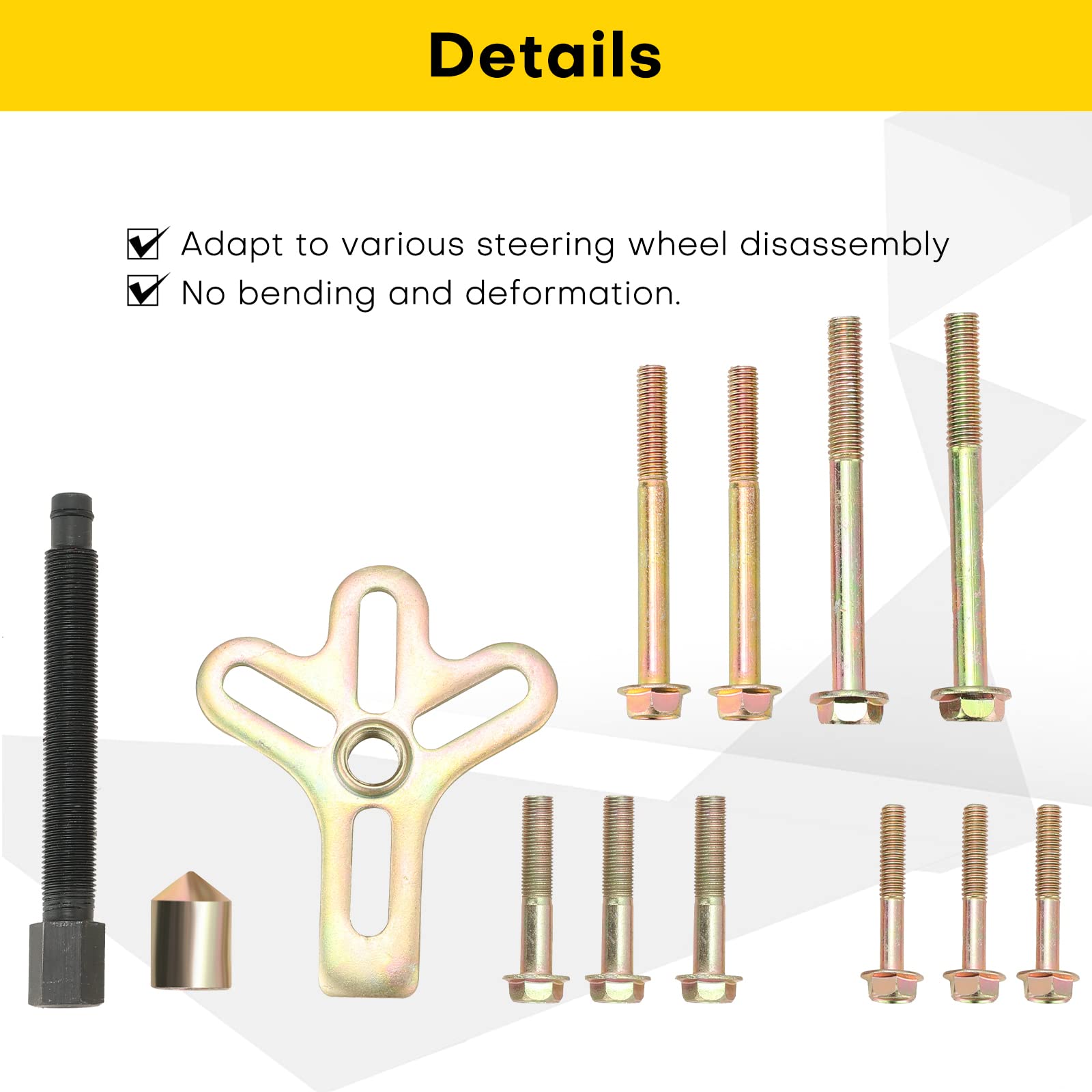 Acymner assorted bolt sizes laid out showing selection for various hub depths