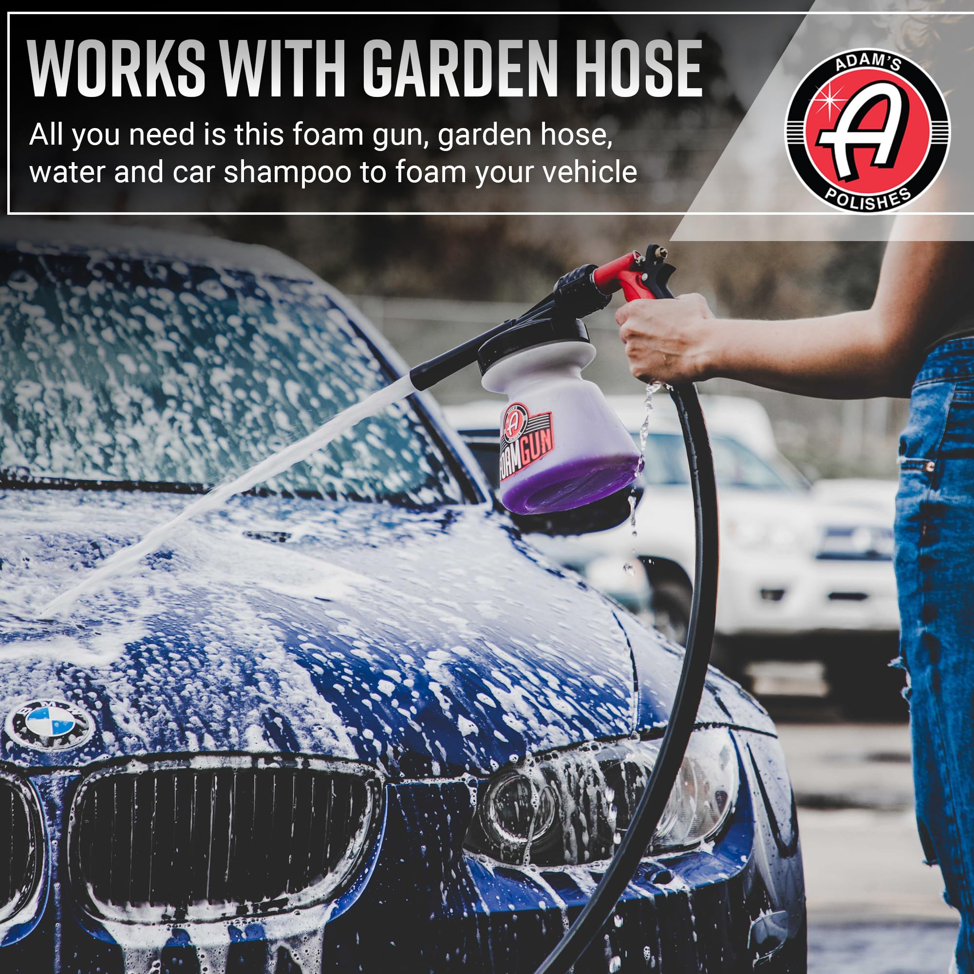 Adam's Foam Gun in use on car creating thick foam to loosen dirt before hand washing