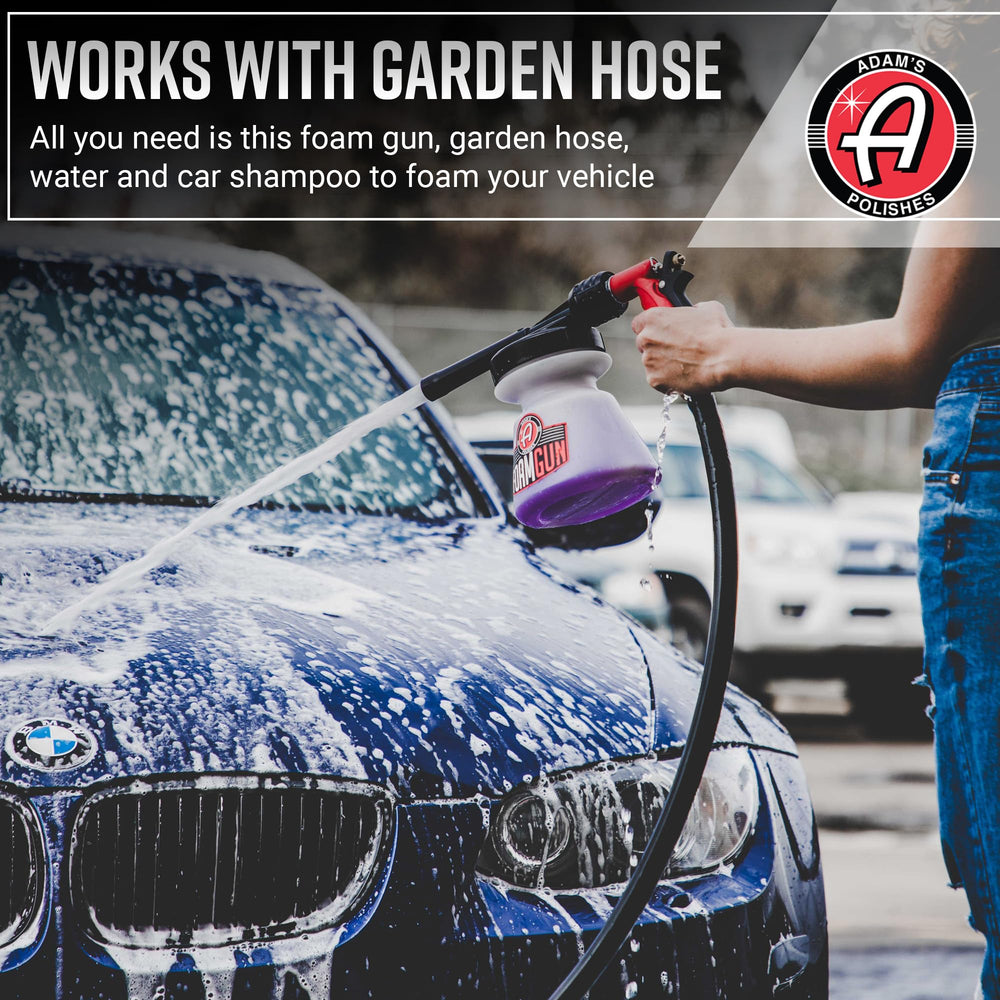 Adam's Foam Gun in use on car creating thick foam to loosen dirt before hand washing