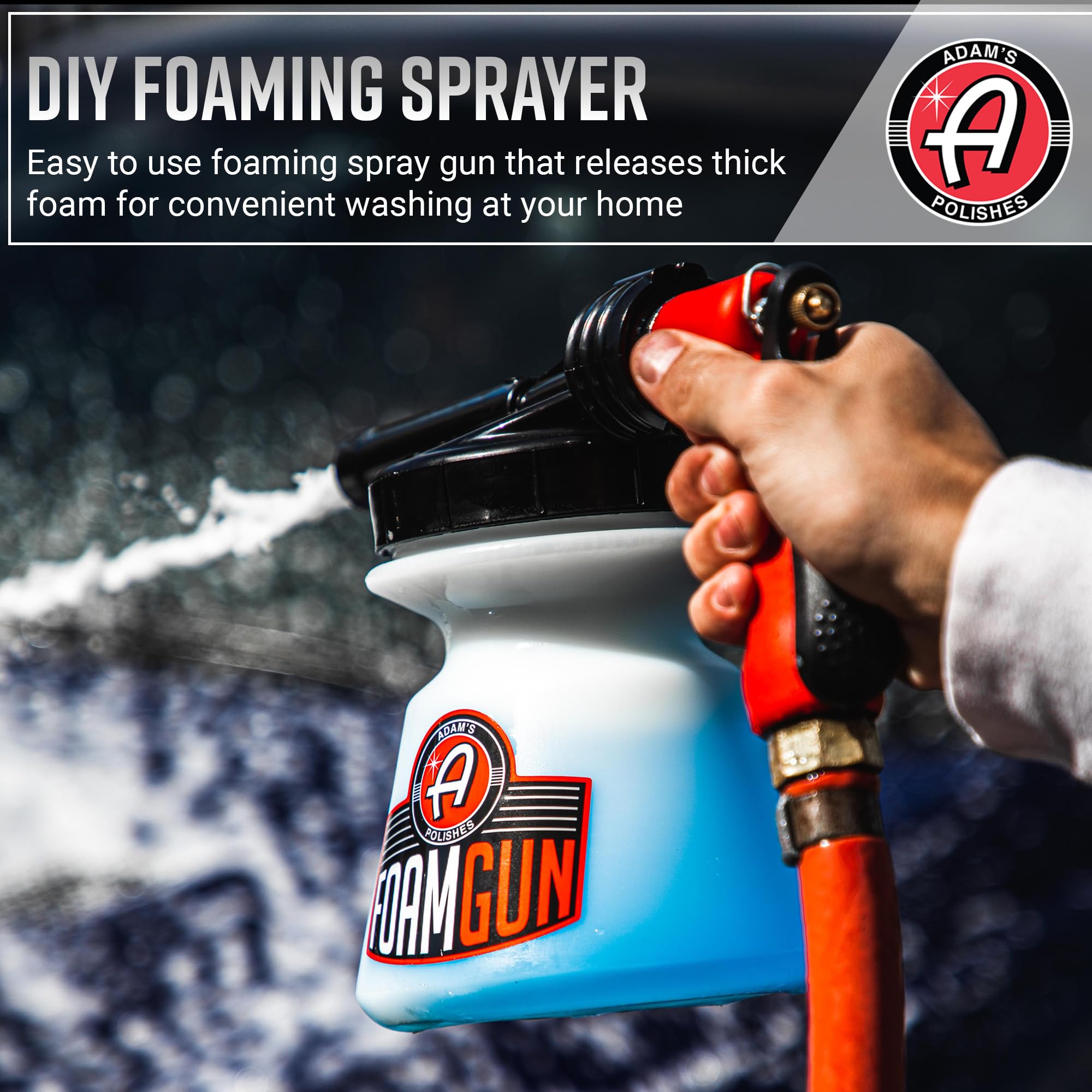 Adam's Foam Gun nozzle detail highlighting durable spray head for consistent foam output