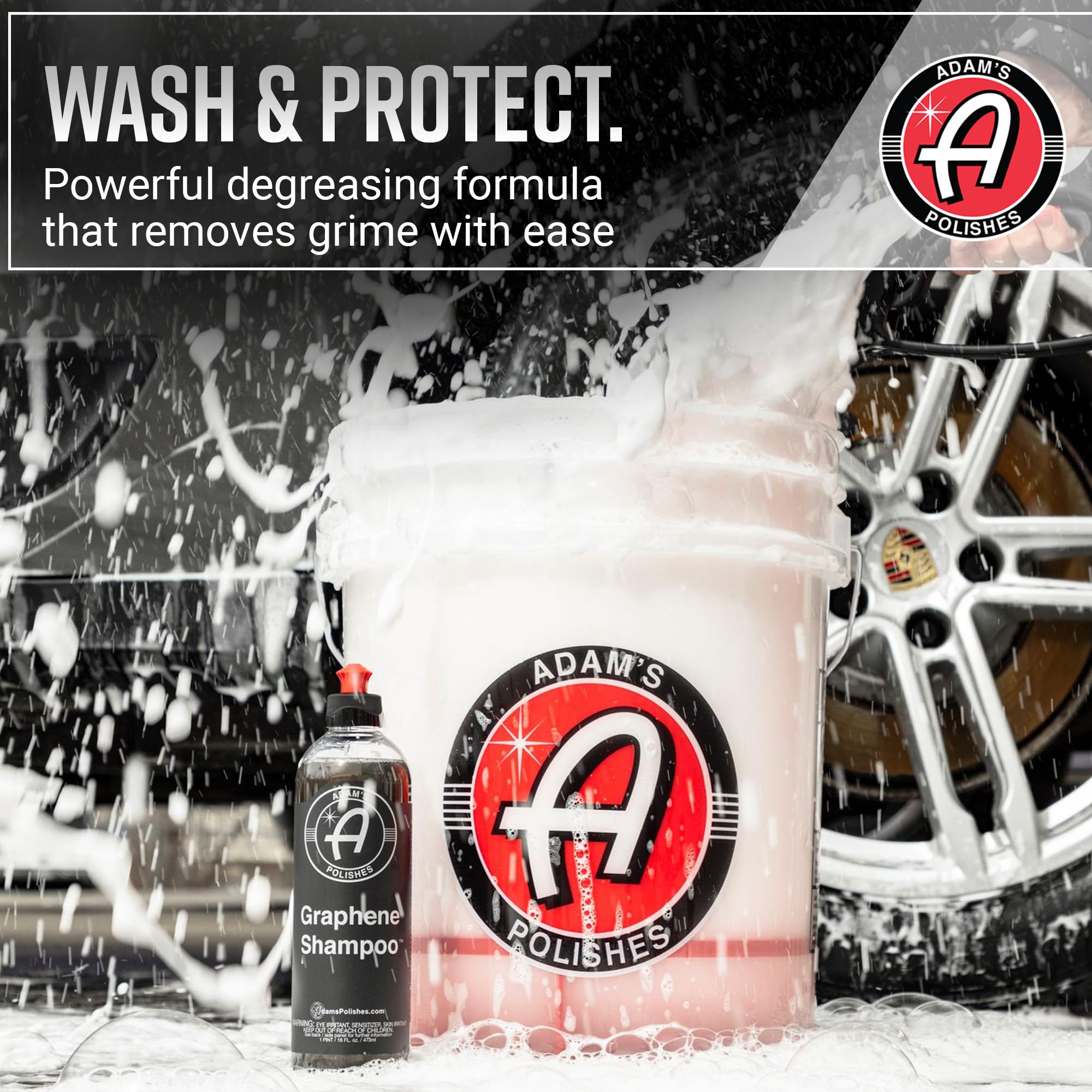 Adam's Polishes shampoo diluted in wash bucket with mitt showing safe suds for cleaning