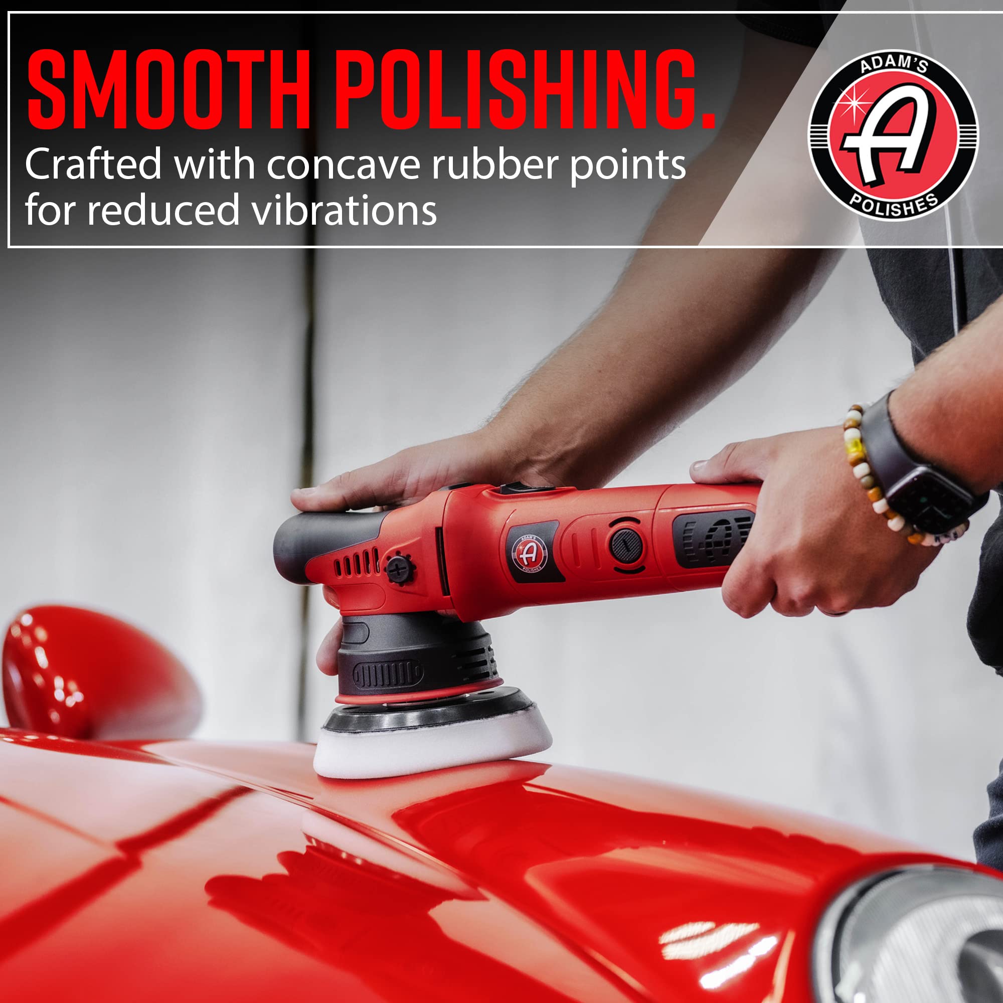 Adam's Polishes polisher in use on car hood demonstrating swirl removal