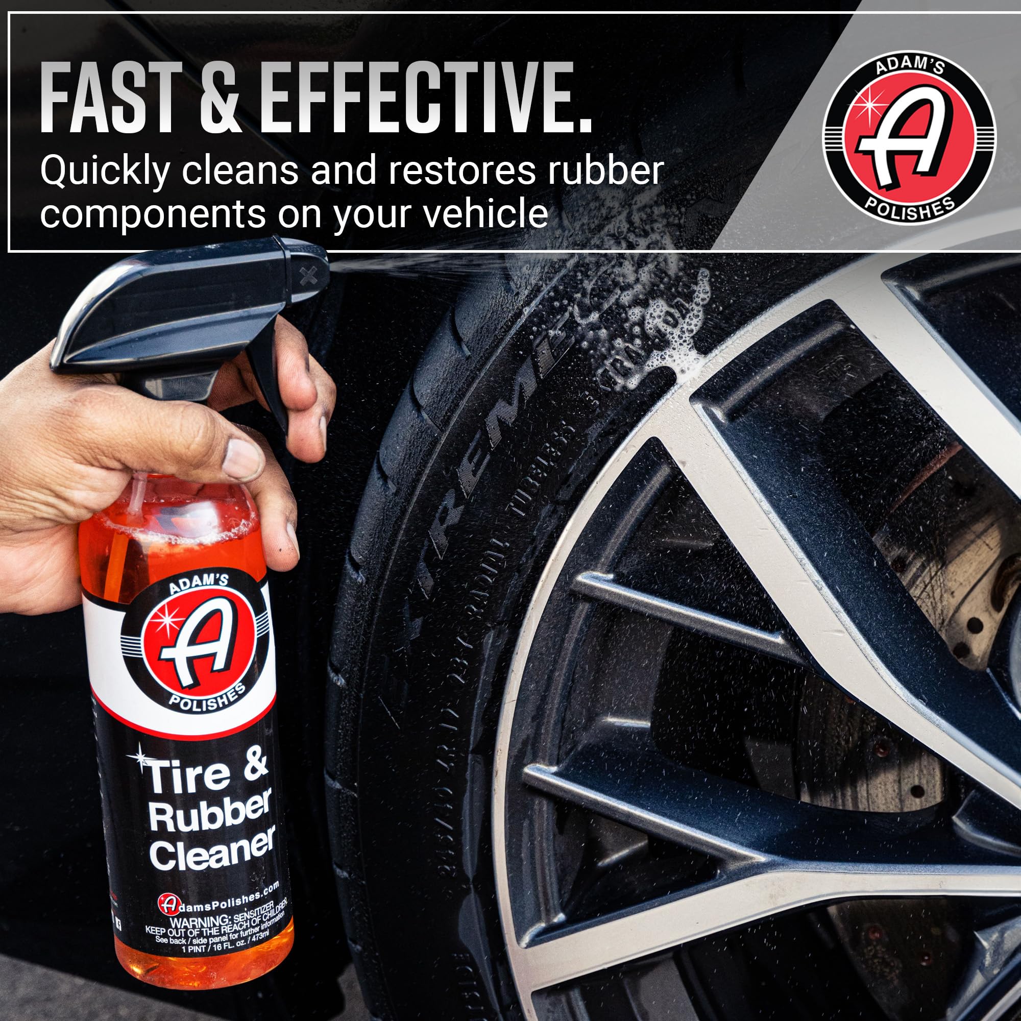 Adam's Polishes cleaner being applied to a tire to remove brown discoloration