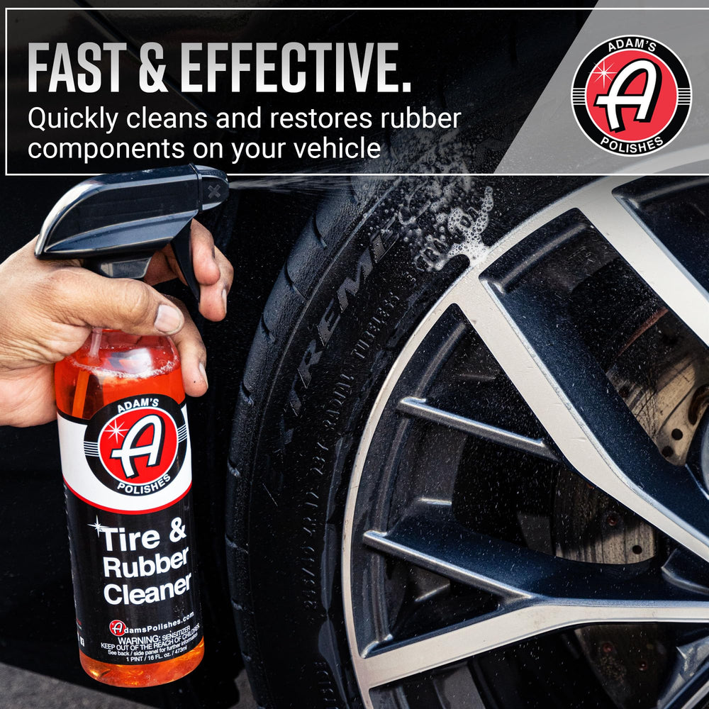 Adam's Polishes cleaner being applied to a tire to remove brown discoloration