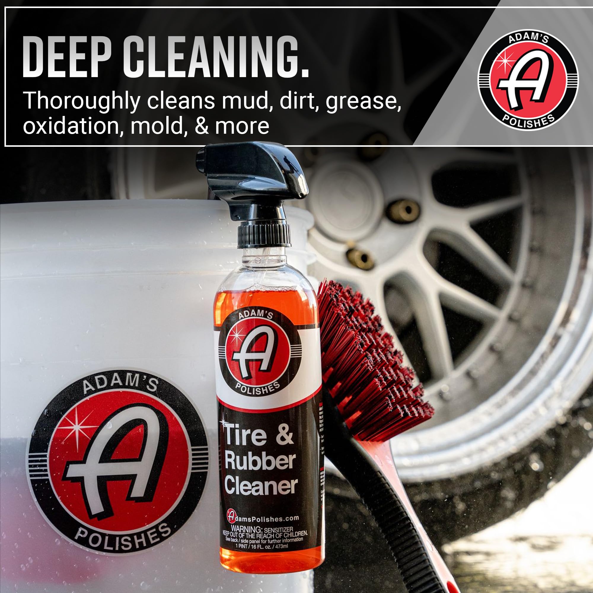 Adam's Polishes visible before and after tire comparison showing restored deep black