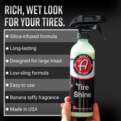 Adam's Polishes spraying dressing onto tire for even coverage benefit