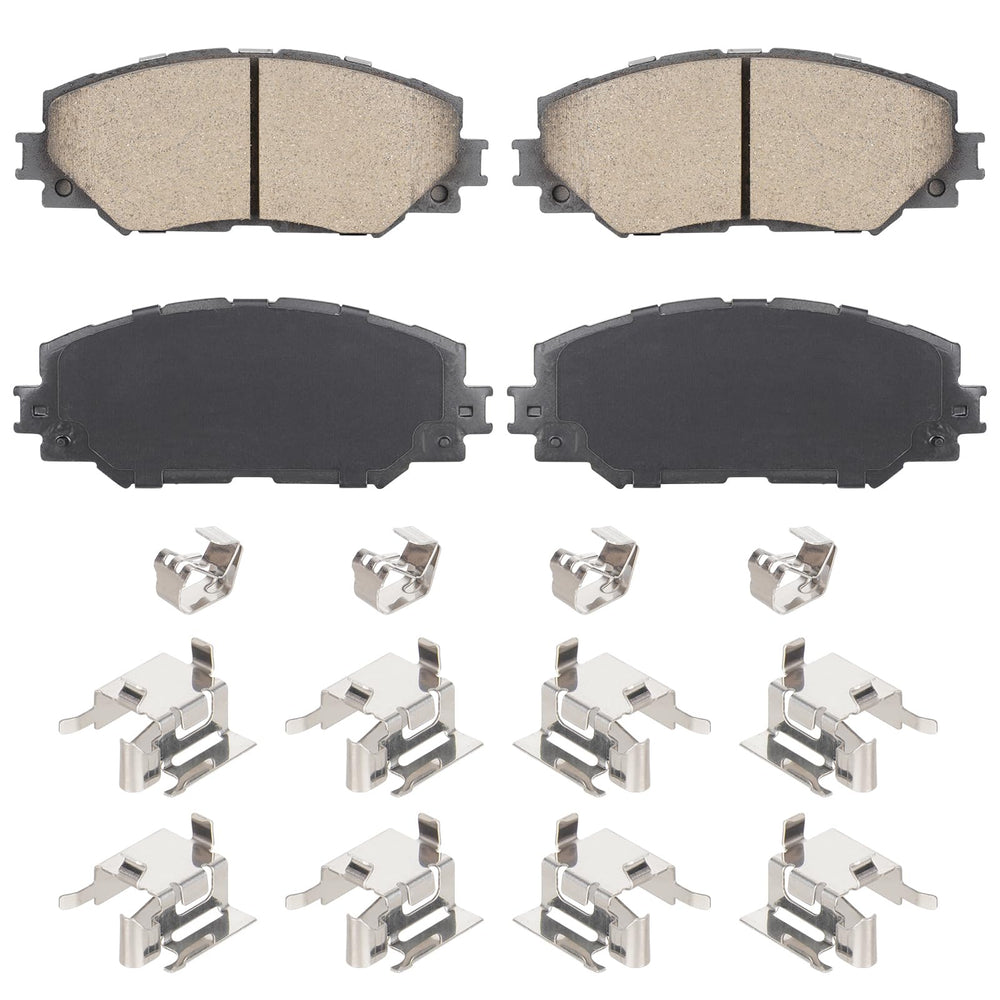 Aeagle front ceramic brake pads packaging showing full four-piece set and fitment benefits