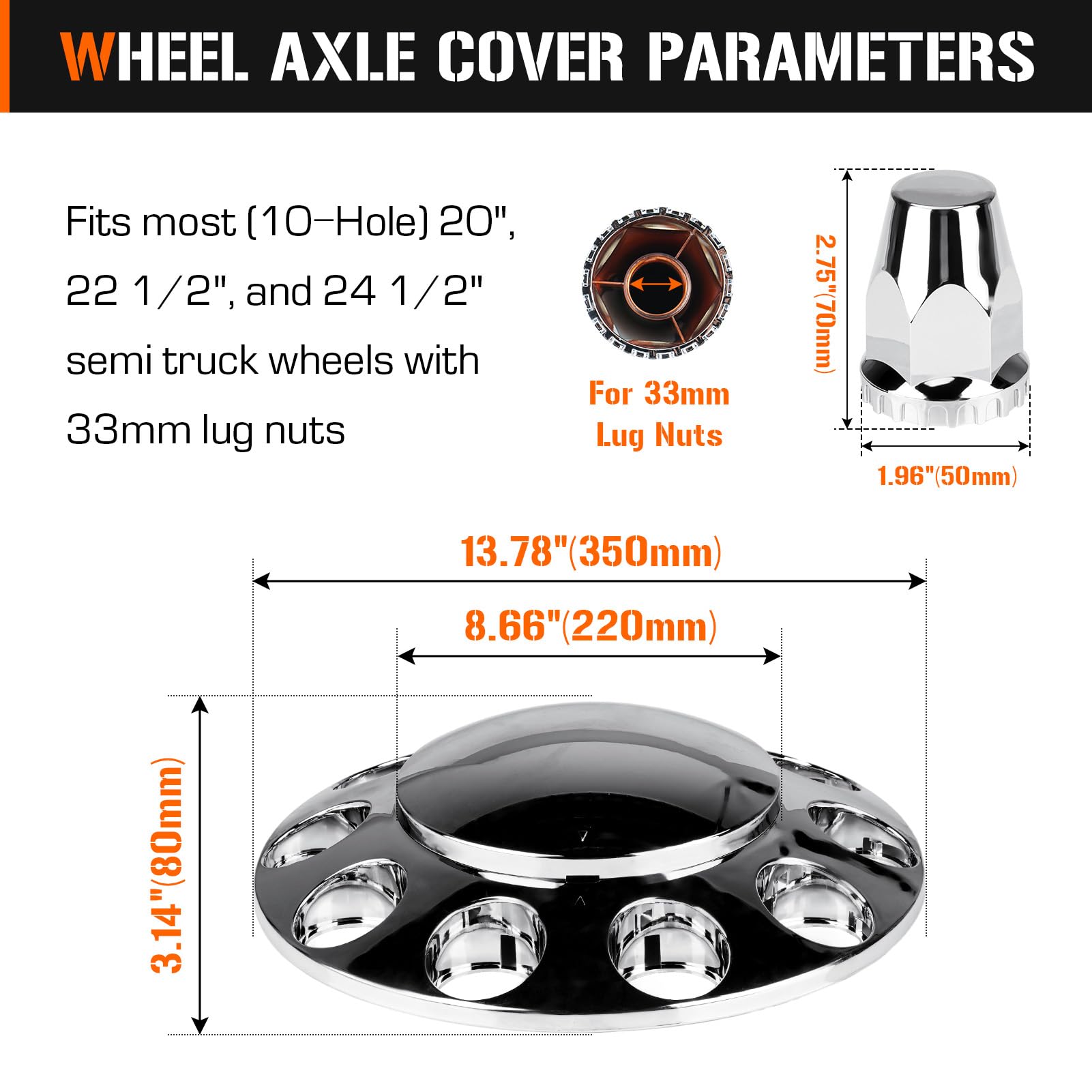 Aeagle close-up of 33mm screw-on lug nut covers illustrating secure fit