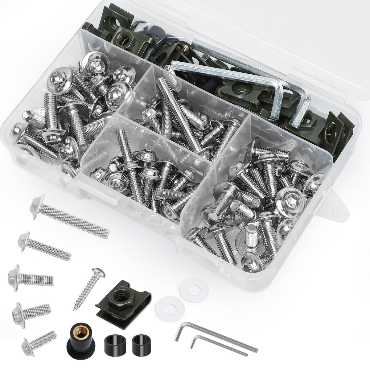 AEEAST front view of full 177-piece kit showing organized fasteners for easy selection