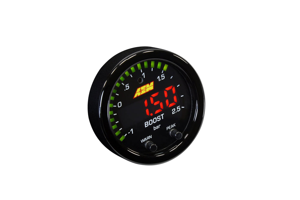 AEM boost gauge front view showing black bezel and clear scale for quick reading