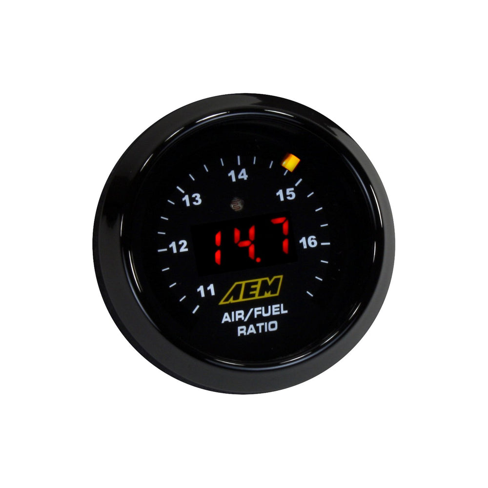 AEM close-up of digital LED display and sweeping needle for instant AFR feedback